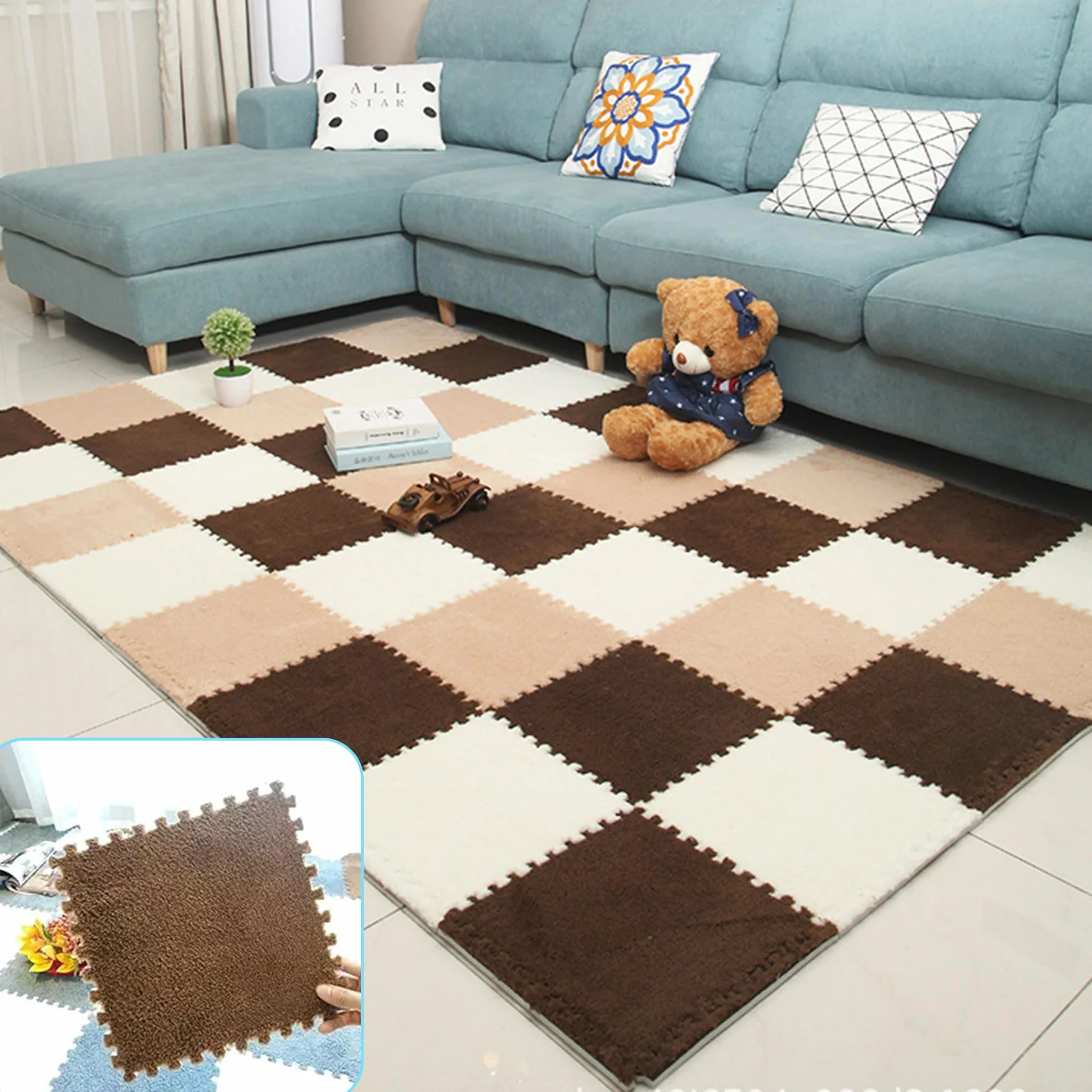 Alfombrillas de espuma de felpa entrelazadas 30x30 cm para sala de estar dormitorio café