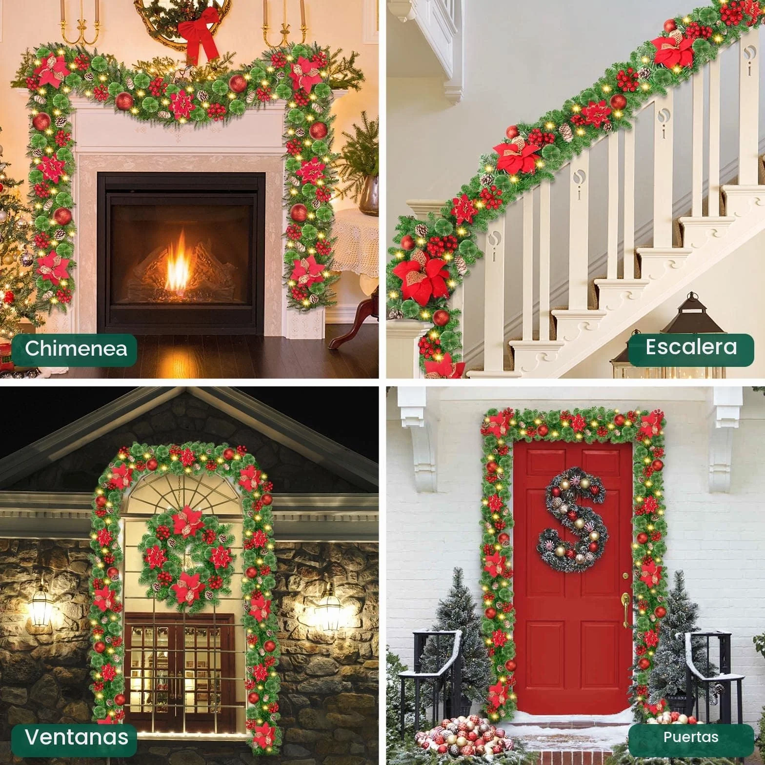 Guirnalda de Navidad 2.7M Con Luces, Árbol Artificial, Corona para Chimenea, Escalera y Decoraciones