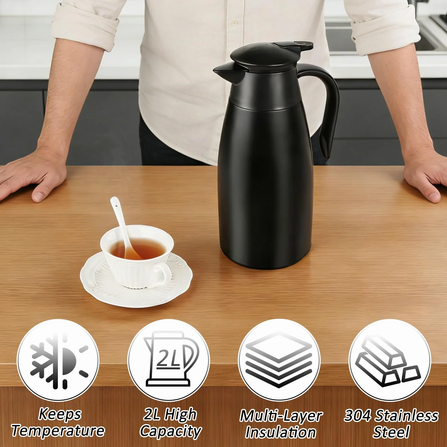 2 Litros Jarra Térmica, Jarra Termo se Acero Inoxidable, Termo con Aislamiento Térmico al vacío aislados, Se Mantiene Caliente Durante 24 Horas, Termo Grande Para Café, Té, Agua, Jarra Caliente