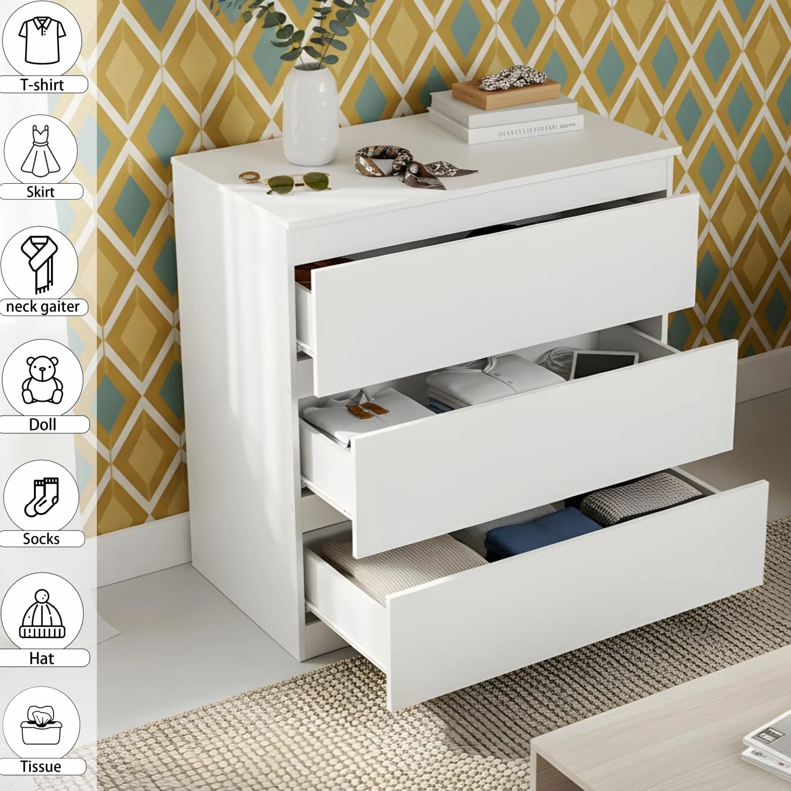 Cómoda Blanca con 3 Cajones, Cómoda y Cajonera Dormitorio Mueble de Cajonera Blanca Moderno Gavetero Alta 75 cm Almacenamiento Sinfonier para Dormitorio Salón Oficina (3 Cajones)