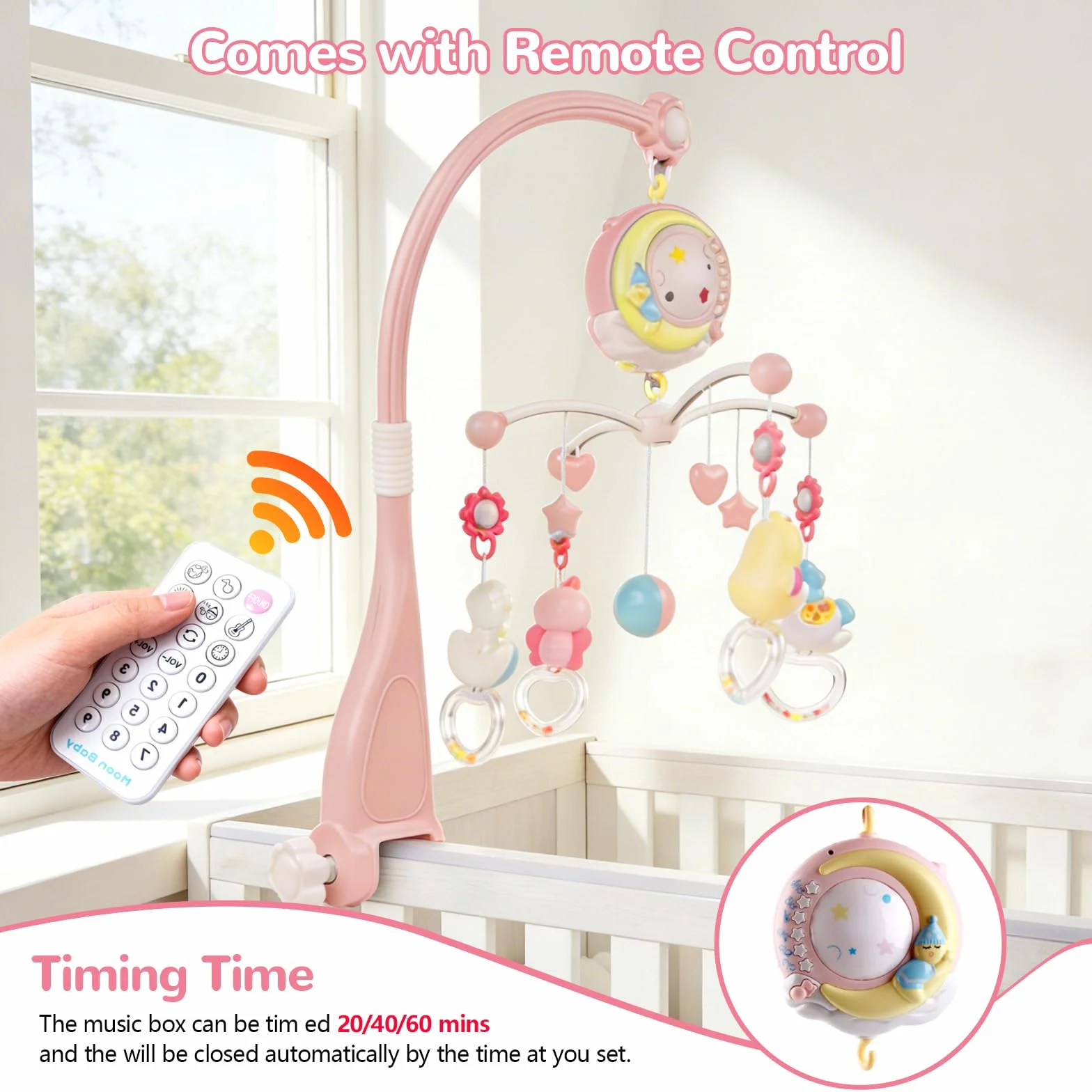 Movil Cuna Bebe, Móvil Musical para Cuna de Bebé con Proyector y Luz de Noche, Colgando Girando Sonajeros y 150 Melodias Mando a Distancia Caja de Musica, Movil Cuna Extraíble Juguete Cuna Bebé