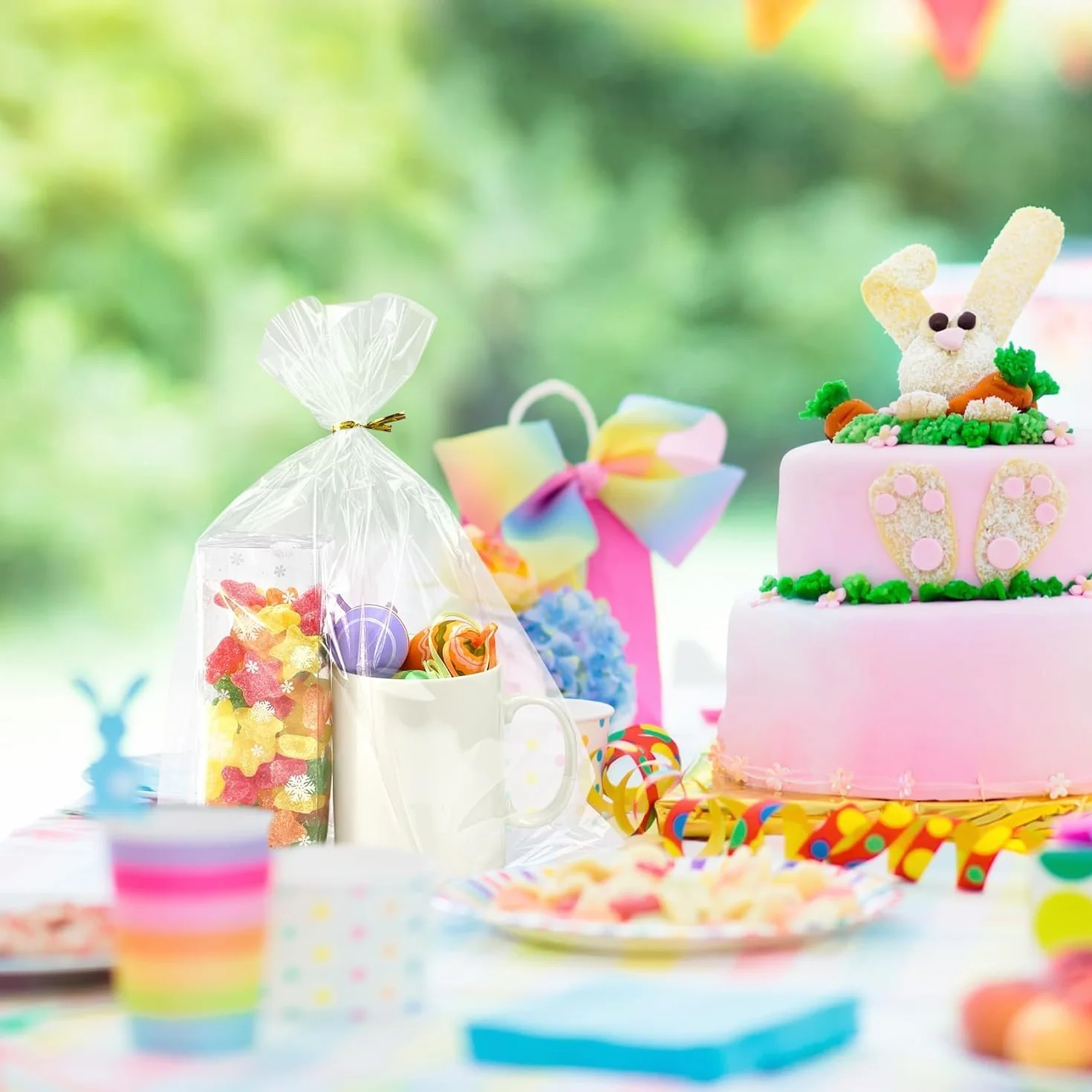 Frogetu 50 Bolsas Transparentes para Chuches Cintas Metálicas,Bolsas de Chuches 20x30 cm,Bolsa Celofan Transparente,Bolsas Transparentes para Regalos,Bolsas para Chuches Cumpleaños,Bolsa Celofan