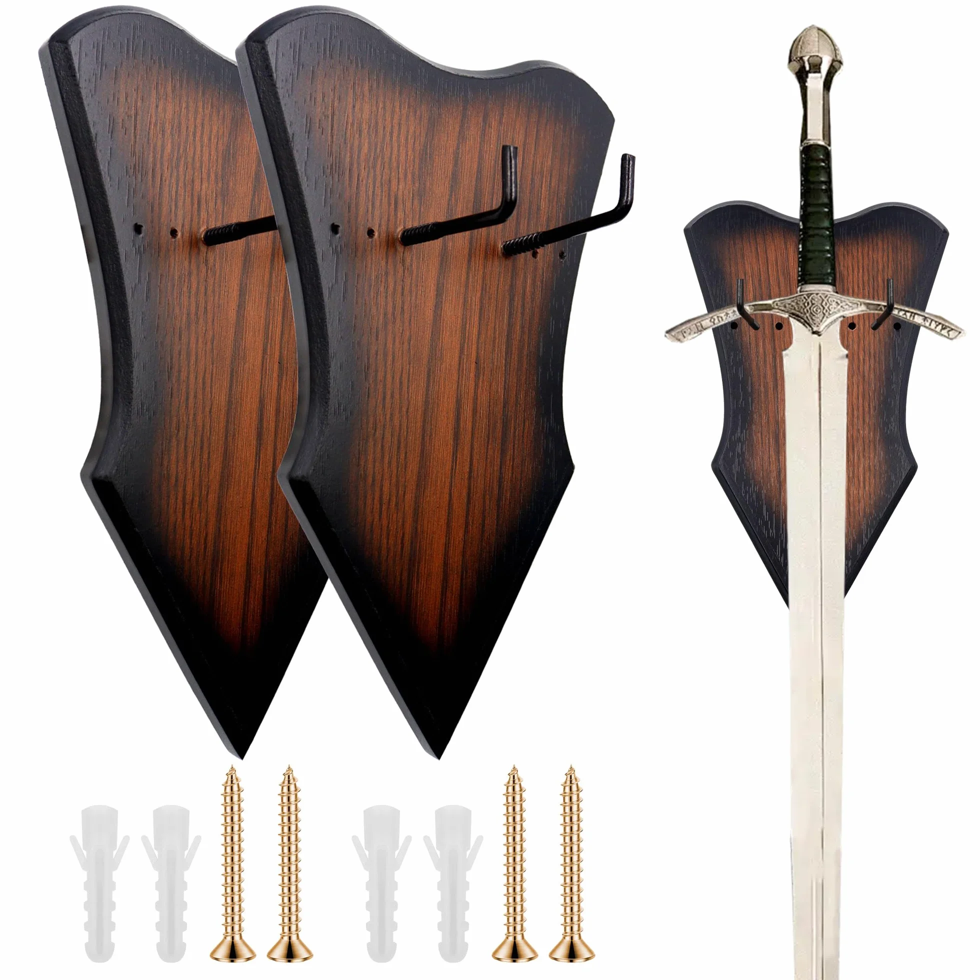 2 piezas ajustable vertical Espadas con hardware, medieval retro soporte colgar pared madera maciza marrón