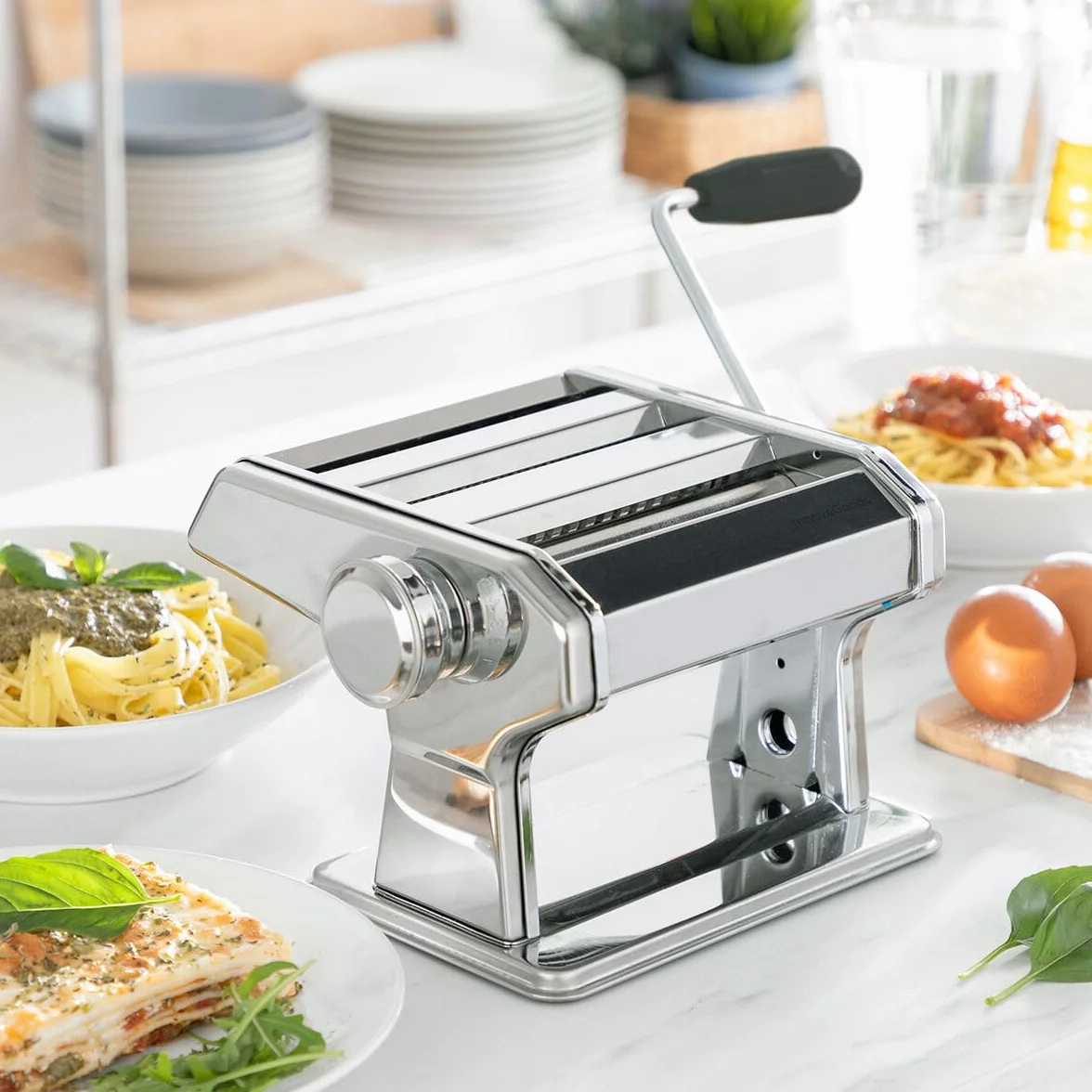 Máquina de pasta fresca InnovaGoods, manual con 3 rodillos, ajustable, metal, gris