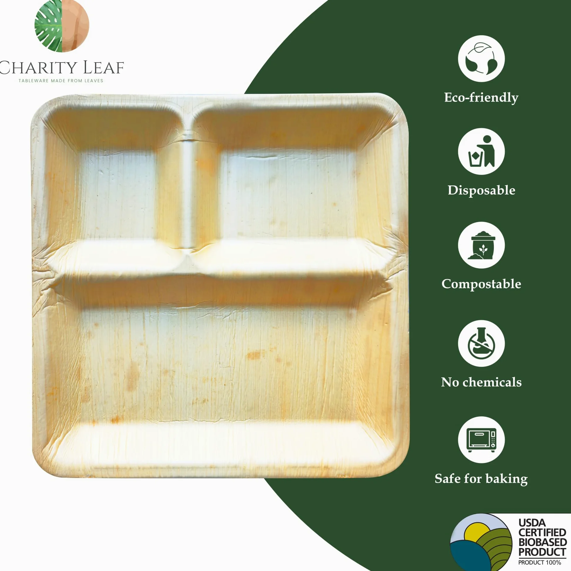 Charity Leaf Platos de cena compostables de hoja de palma con compartimento cuadrado de 10 pulgadas (paquete de 25) | Premium, 100% natural, desechable, resistente, perfecto para fiestas, bodas y
