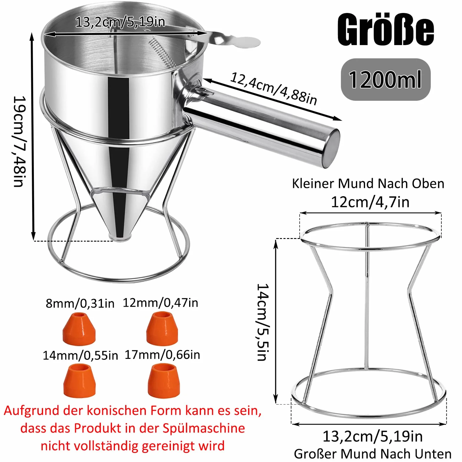 Acero Inoxidable Dispensador de Masa 1200ml, Dosificador de Masa para Panqueques, Dispensador de Masa con Soporte, Soporte y 4 Boquillas Diferentes para Panqueques