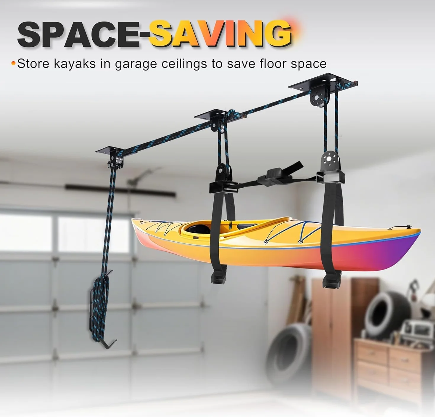 Hikeen Sistema de Polea Superior para Kayak, Capacidad 68KG, Elevador de Almacenamiento en Garaje