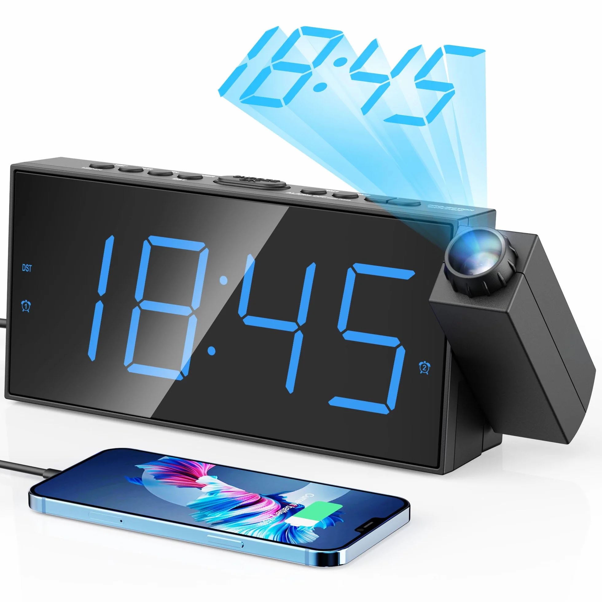 Reloj Despertador de Proyección Digital para Techo de Dormitorios, Reloj con Proyector, Atenuador y Pantalla LED, Timbre Ajustable, Alarmas Duales para Pared, Niños, Personas Mayores con Sueño Pesado