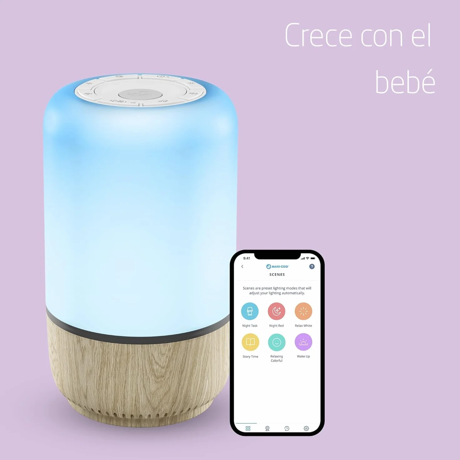 Maxi-Cosi Soothe Luz quitamiedos bebe, máquina de ruido blanco con 20 sonidos relajantes, luz nocturna inteligente, compatible con Alexa y Google Home