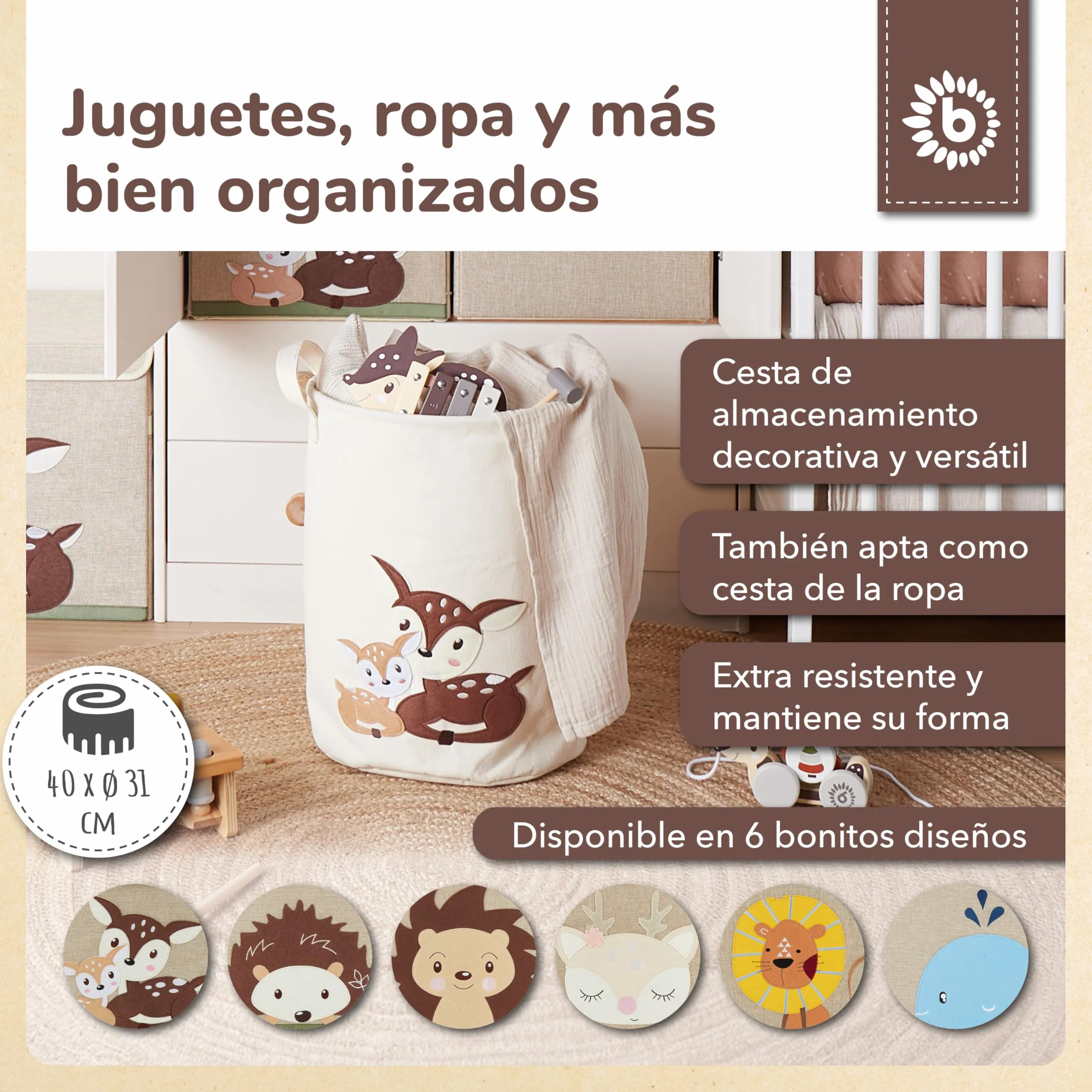 Bieco Cesto de la Ropa para Bebés Ciervos | Cesta de Almacenamiento de Algodón Resistente al Agua para Habitación Infantil