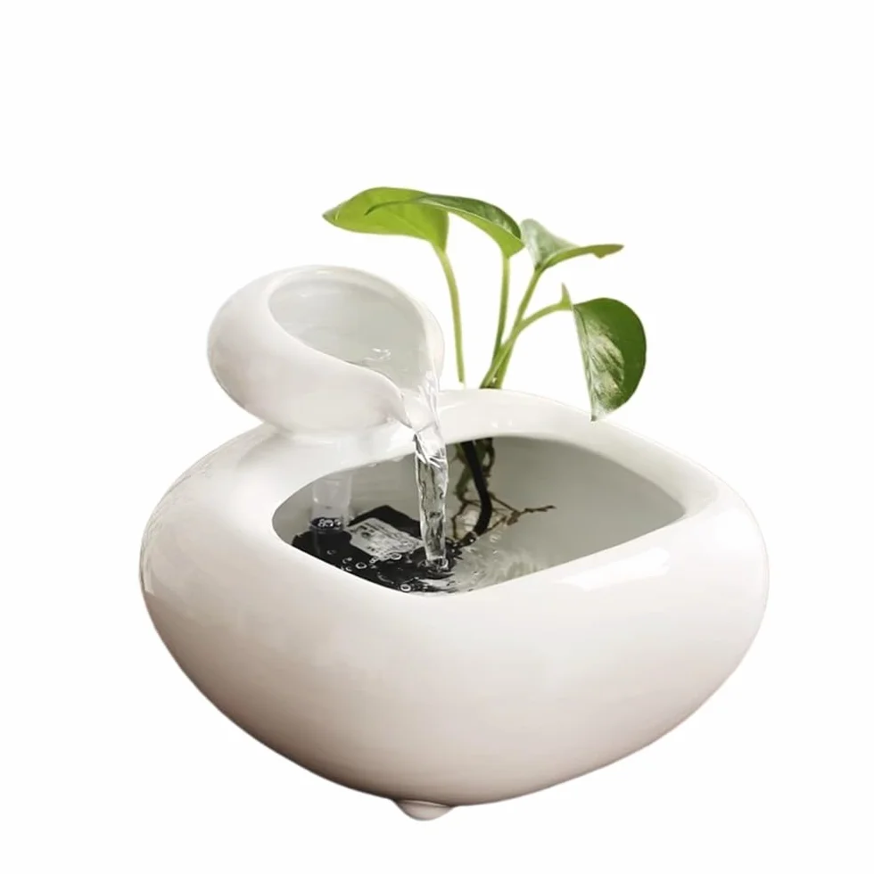 Fuente de Agua Interior Fuente de Escritorio de cerámica for circulación de Agua, invitación de Riqueza, decoración de Oficina, Mesa de té, pequeña decoración Fuente de Cascada de Mesa(Blanco)