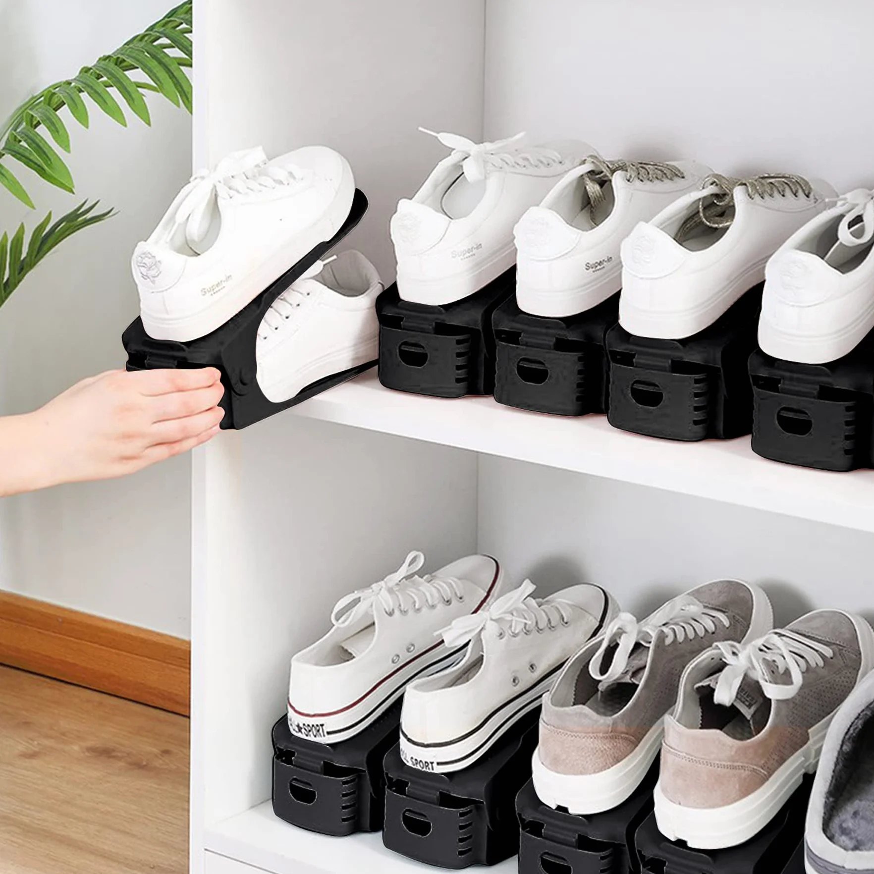 Froadp 60 organizadores de zapatos ajustables de material PP, antideslizantes, con 3 alturas ajustables, organizador de zapatos de doble capa, ahorro de espacio, almacenamiento de zapatos (negro)