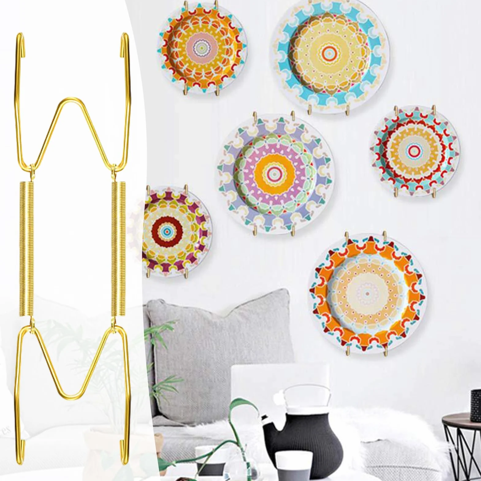 Genérico Hangers invisibles de latón: soportes de metal ajustables para platos decorativos, ganchos pequeños para azulejos, soportes de pared delgada para exposición elegante | Curvarse por