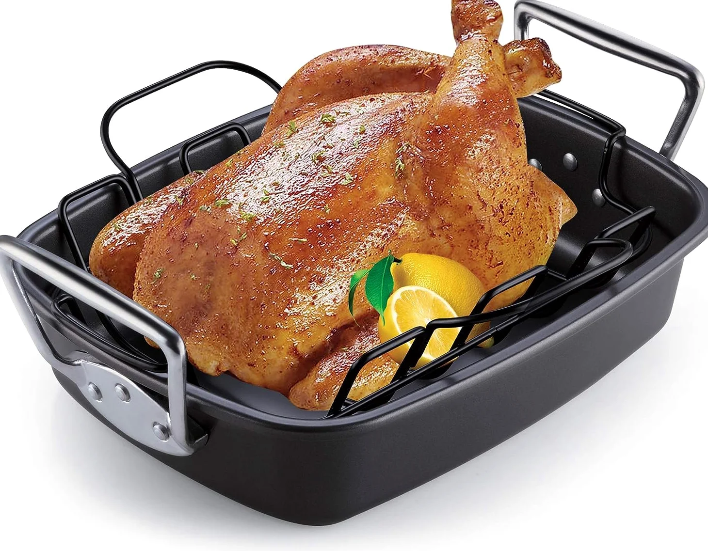Cook N Home Asador antiadherente para hornear con estante, 43 x 33 cm, color negro