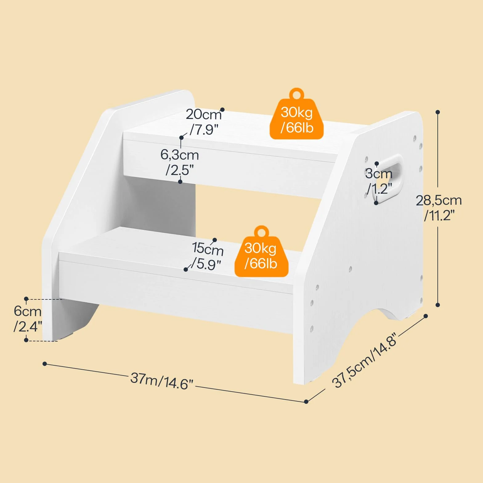 HOOBRO Taburete para Niños de 2 Peldaños en Forma de Trapecio, Asas y Alfombrillas Antideslizantes, Taburete Infantil, Carga 30 kg, para Niños de 3 a 8 años, para Salón, Dormitorio, Blanco EWT28JD01