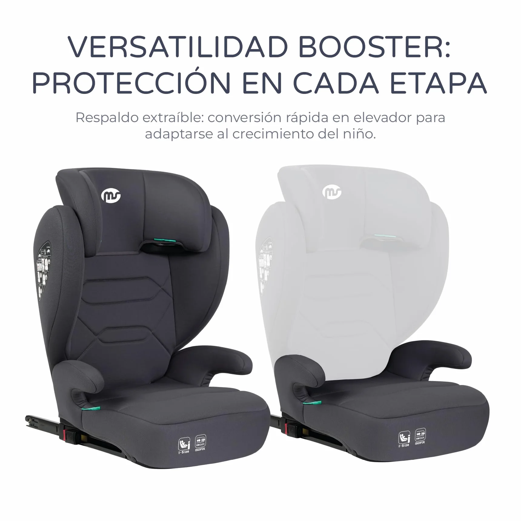 MS BabyWorld – BETA y ALPHA – Silla de coche Isofix Grupo 2/3 y alzador convertible | I-Size R129 | Universal | 15-36 kg | 100-150 cm | Cinturón de seguridad | Para bebés y niños (Alpha/Gris Oscuro)