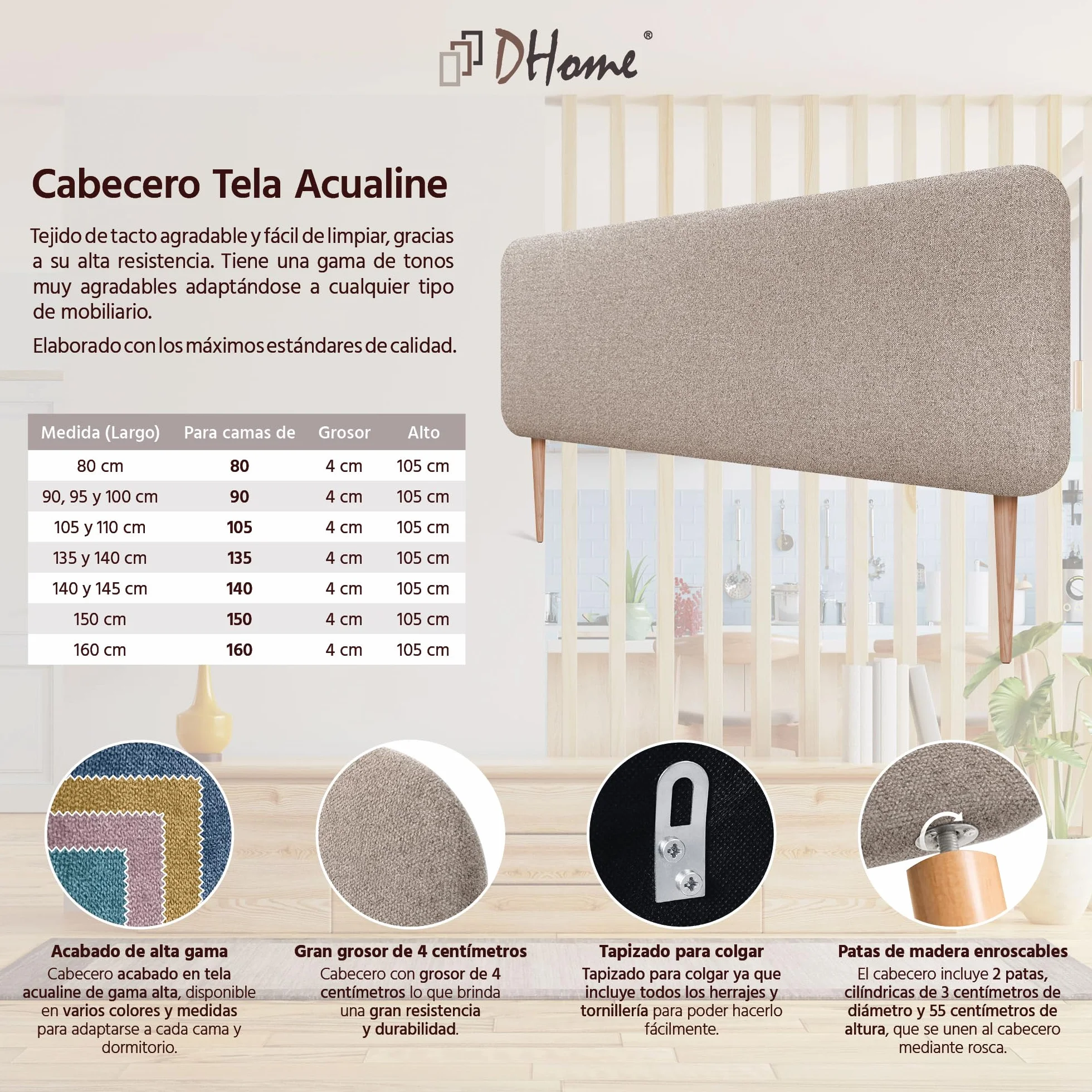 DHOME Cabecero Tapizado Liso Redondeado Tela Aqualine con Patas para Pared Acústicos Cabeceros Absorbentes Cabezal Cama Dormitorio (Arena, 135cm)