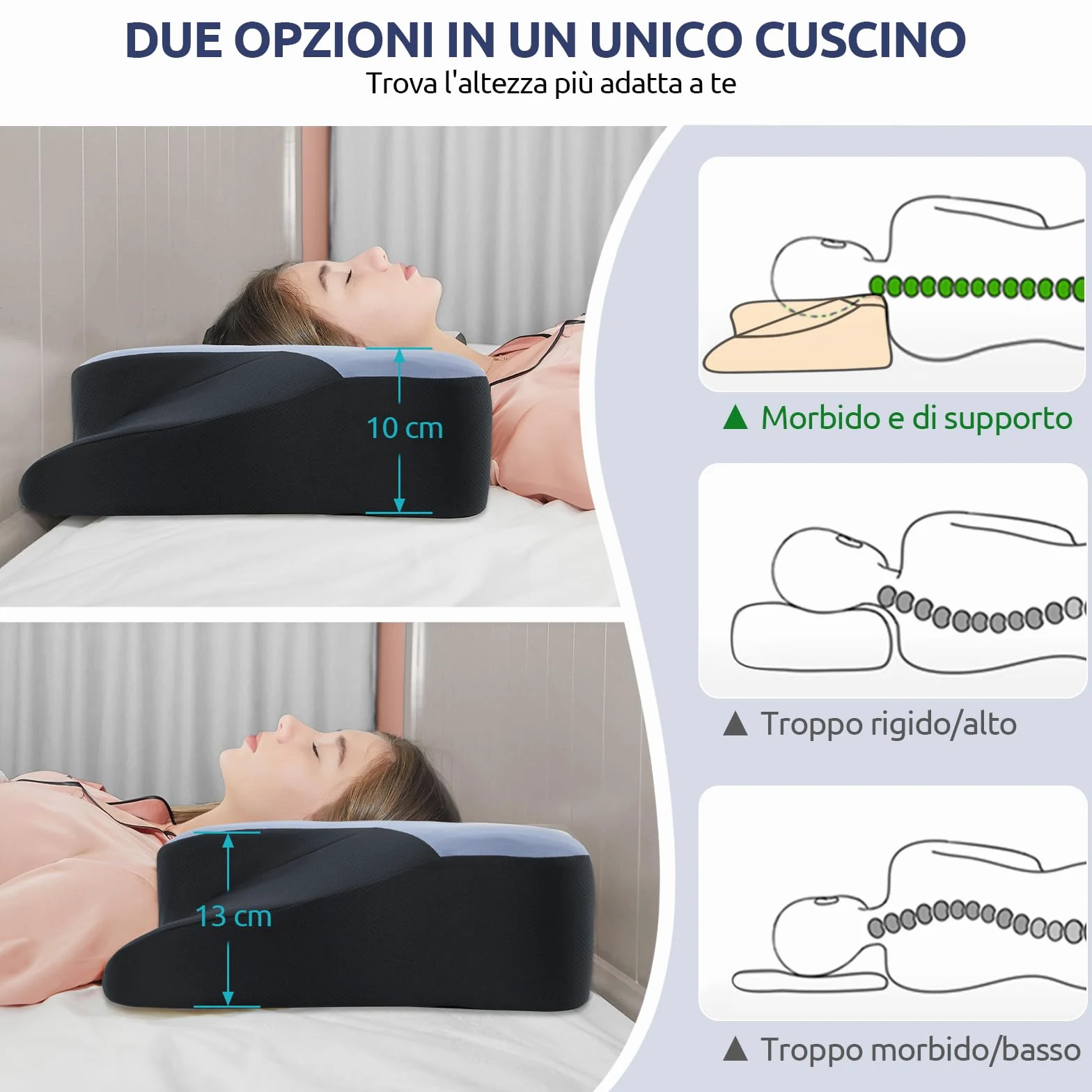 DONAMA Almohada cervical para dormir, cojín cervical ergonómico para dormir de lado, espalda y boca abajo con funda de almohada extraíble y lavable (azul y negro, 66 x 37 x 13 cm)