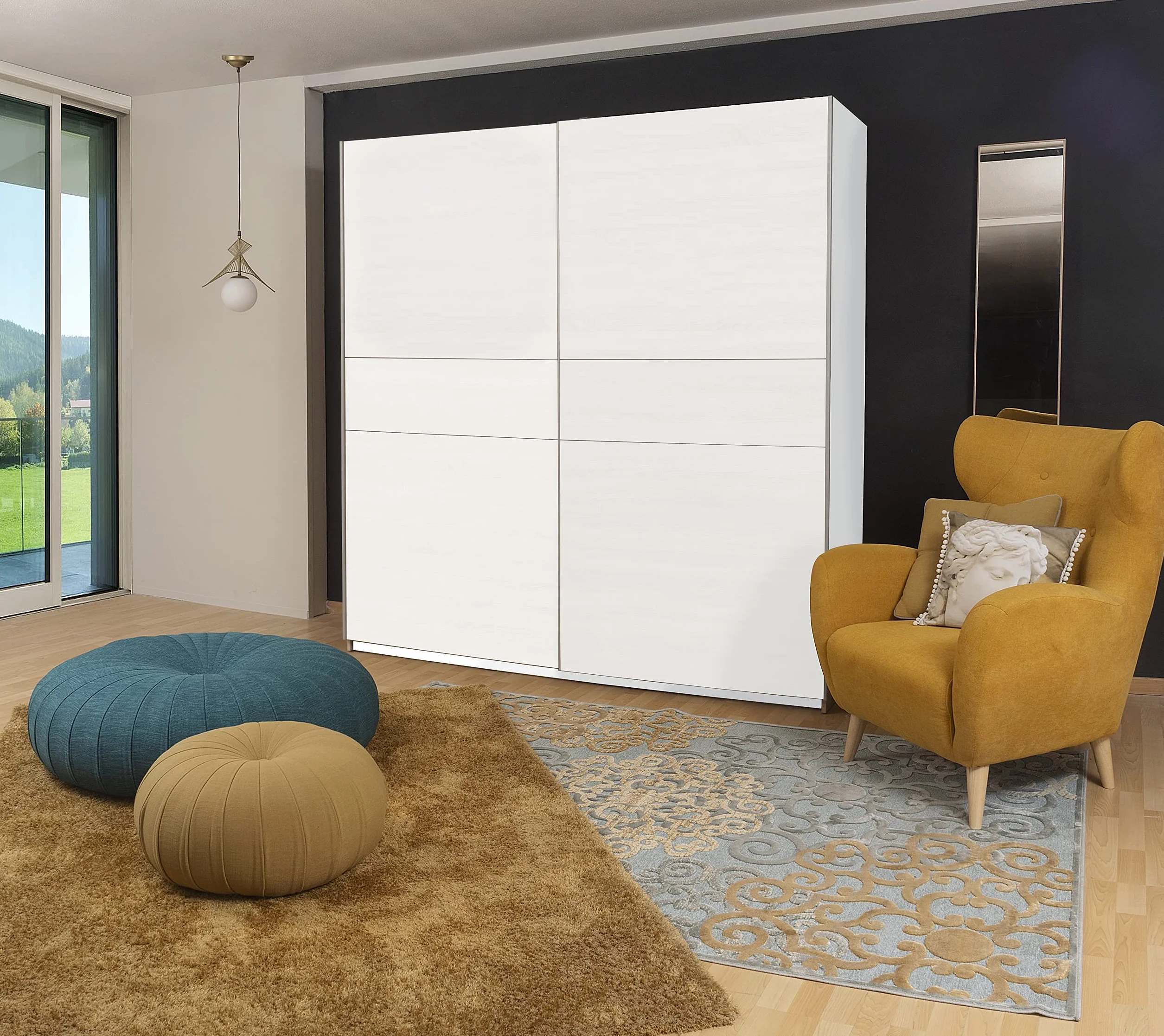 Homely | Armario de Puertas correderas Winter 200 | Acabado Laminado sintético Color Blanco Mate con Franja Central Reversible en Blanco o Roble | Medidas 200x62. Altura 210 cm. | Diseño Funcional