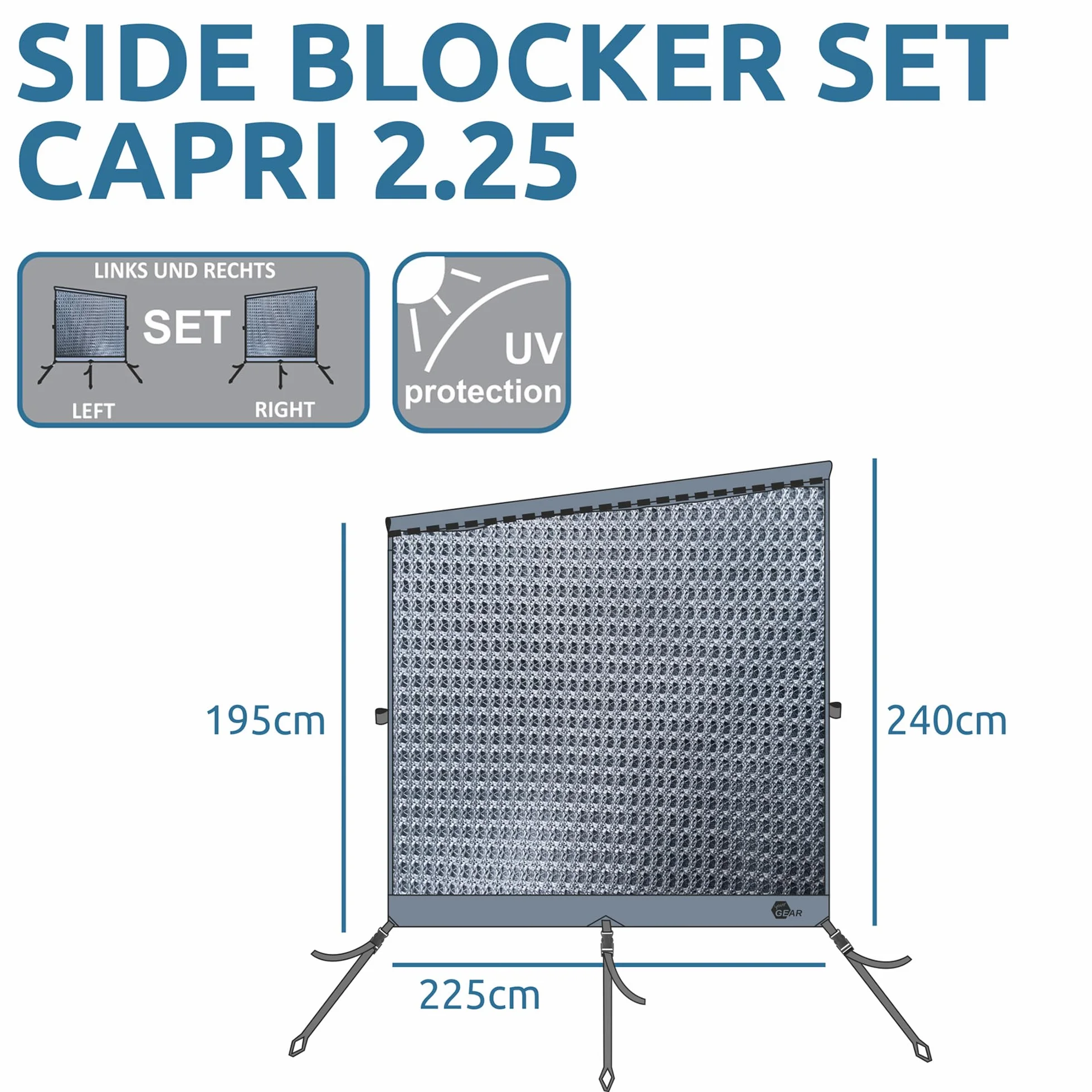 GEAR Capri Sun Blocker Panel frontal de toldo permeable al viento 6 tamaños 3 refuerzos 4,3/6,2/7 mm