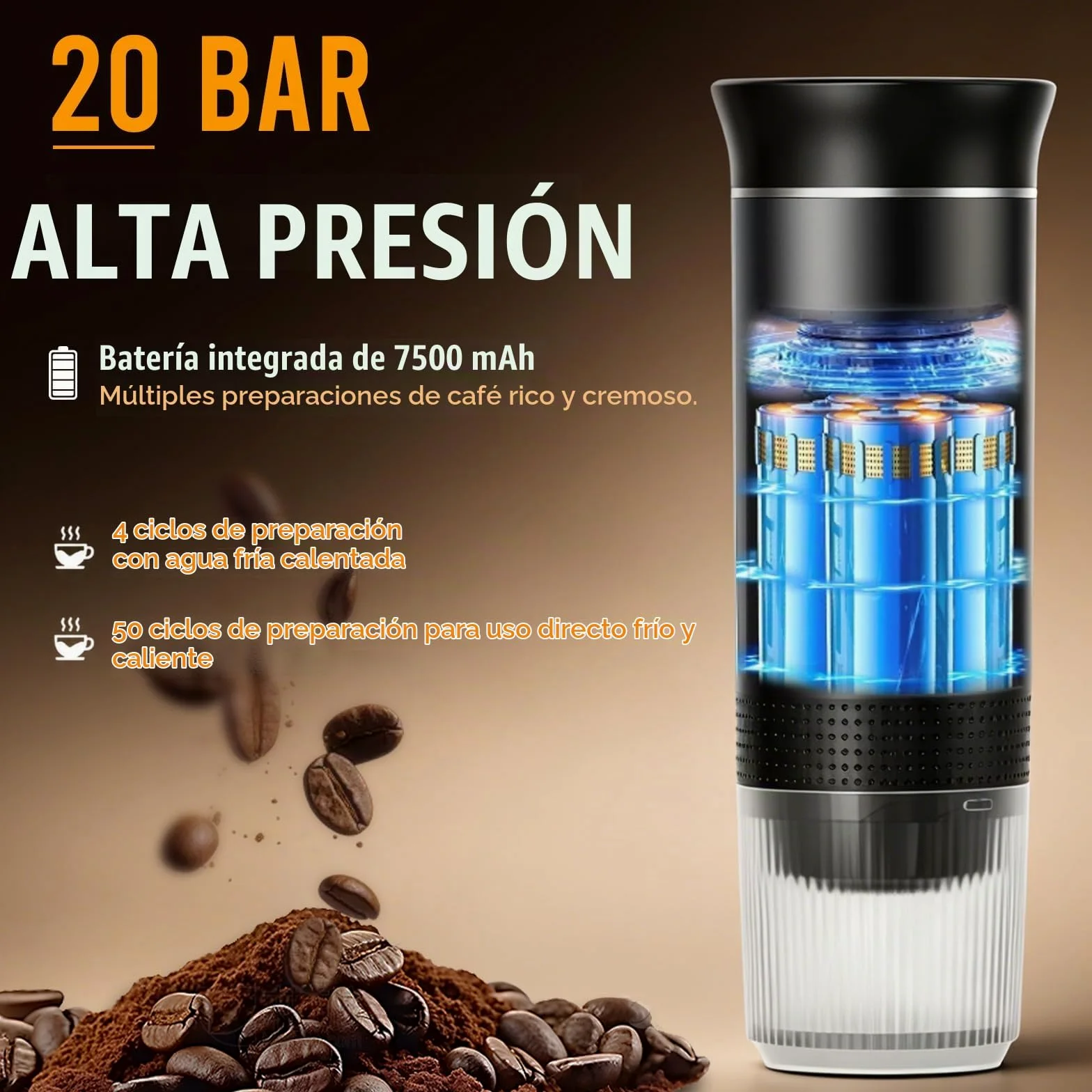 Cafetera Portátil 3 en 1 Eléctrica, Máquina de Café de Viaje 20 Bar con Autocalentamiento, Compatible con Cápsulas y Café Molido, Batería 7500mAh para Camping y Coche