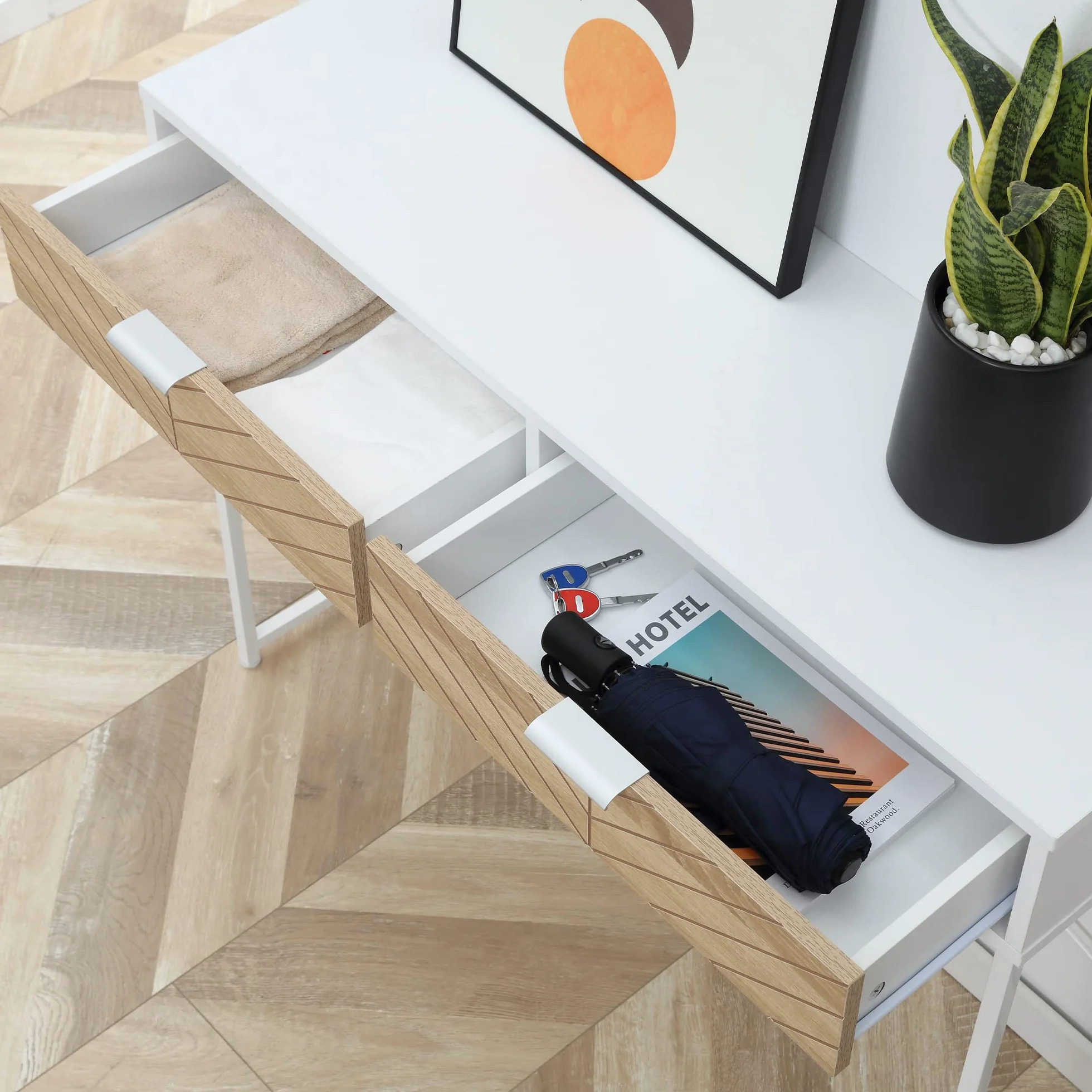 HOMCOM Mesa de Consola Estrecha Mueble Recibidor Mesa de Sofá con 2 Cajones Diseño de Líneas Talladas Estilo Moderna para Pasillo Entrada Salón Dormitorio 100x30x75 cm Blanco y Roble