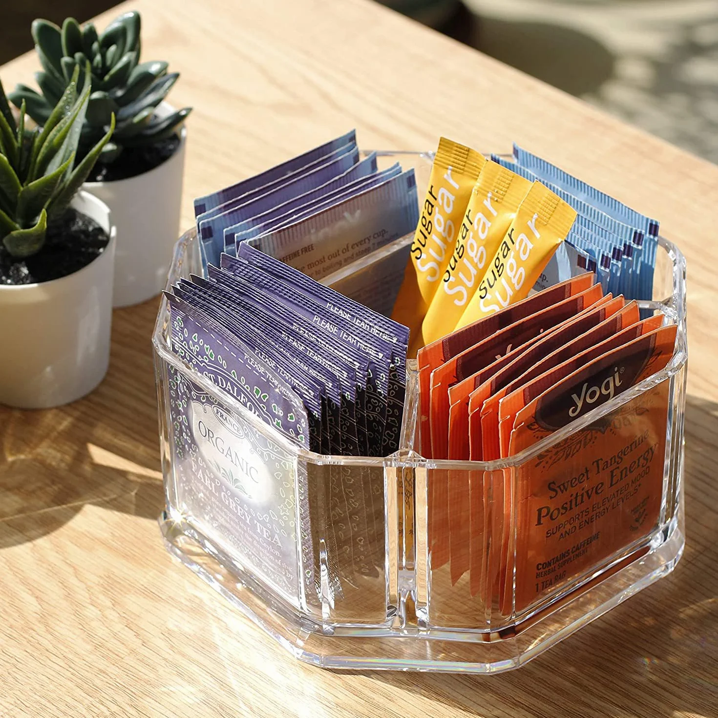 Acrílico soporte para bolsas de té, café y azúcar cajas de almacenamiento de bolsa caso habitaciones, acrílico, transparente, L16*W16*H8cm- 5 compartimento YTBH-002