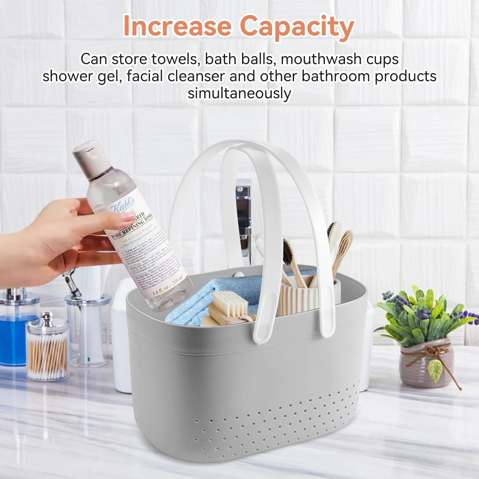 HERCHR Cesta Portátil para Carrito De Ducha, Cesta para Carrito De Ducha con Orificios De Ventilación, Cesta De Almacenamiento Portátil De Plástico De Gran Capacidad con Asas para Baño(Gris)