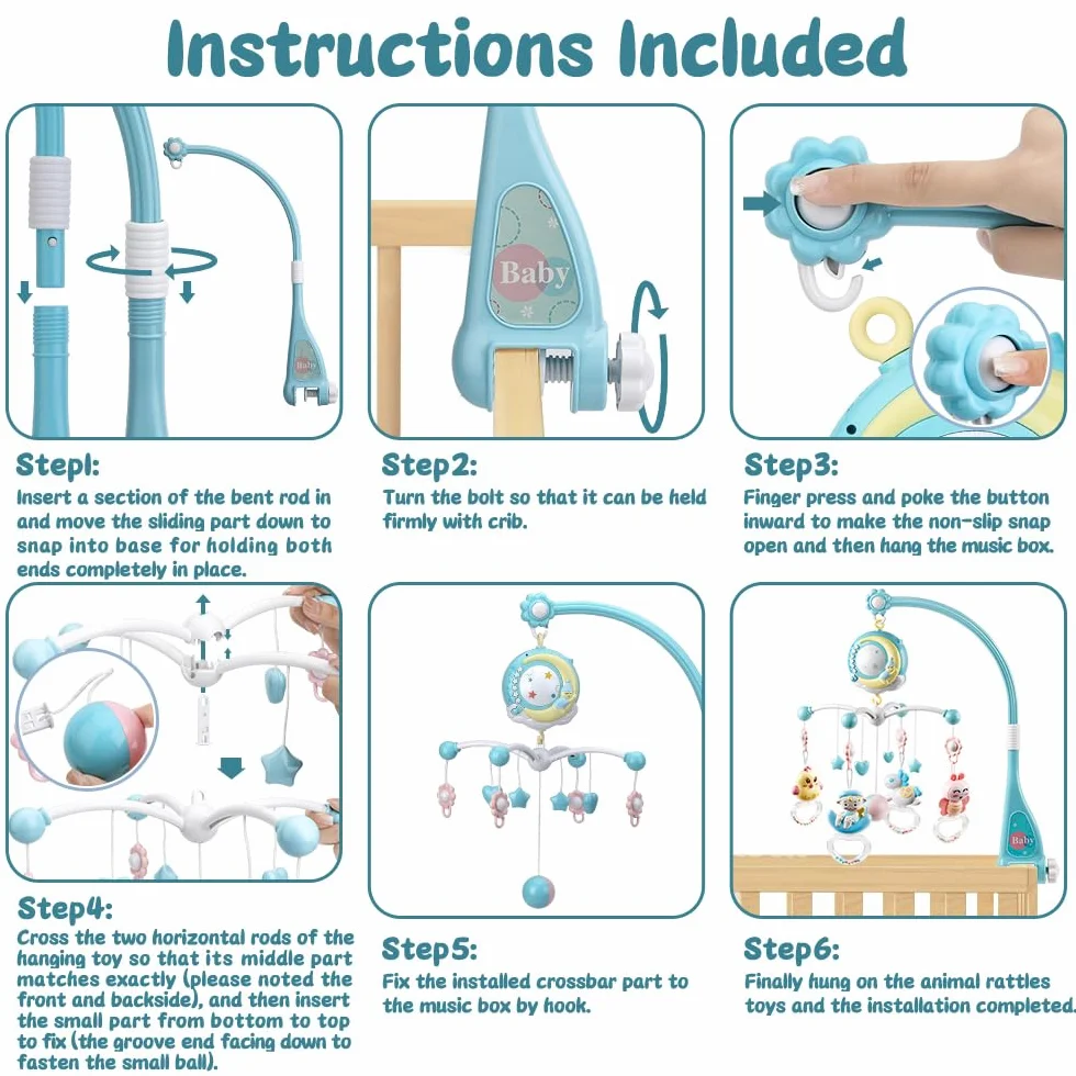 Mini Tudou Móvil para cuna de bebé cuna con musica y luces, función de temporización, Proyección, quitar el sonajero y caja de música, para bebes chicos Niñas pequeñas (azul)