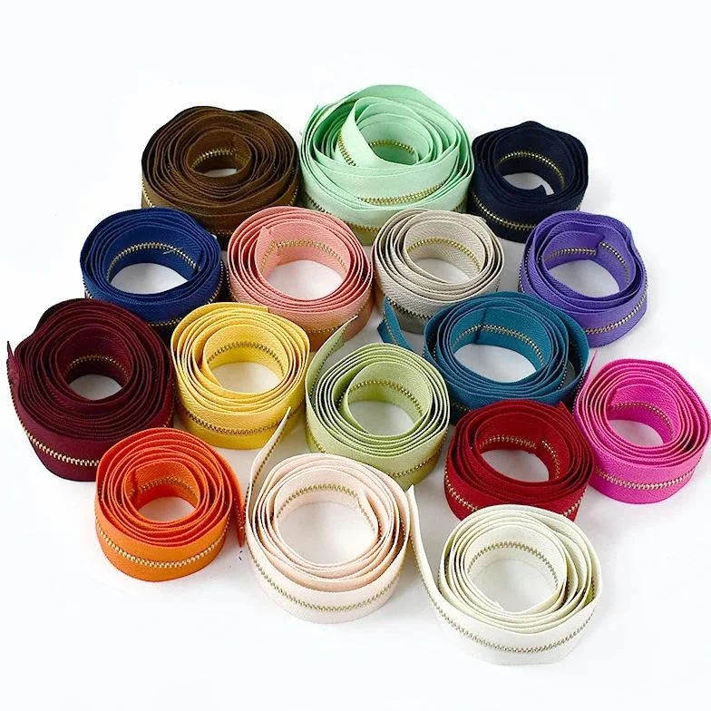 1/3 metros 3# Cremalleras de metal Cremalleras de dientes dorados para ropa, monedero, kit de reparación de cremalleras, cremallera para coser ropa DIY-21-3#-3 metros3pcsSilder