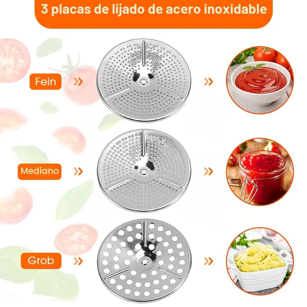 Molinillo de alimentos de acero inoxidable, prensa de patatas con 3 placas de trituración intercambiables, trituradora manual de alimentos, molinillo de cocina para macerar, tamizar frutas