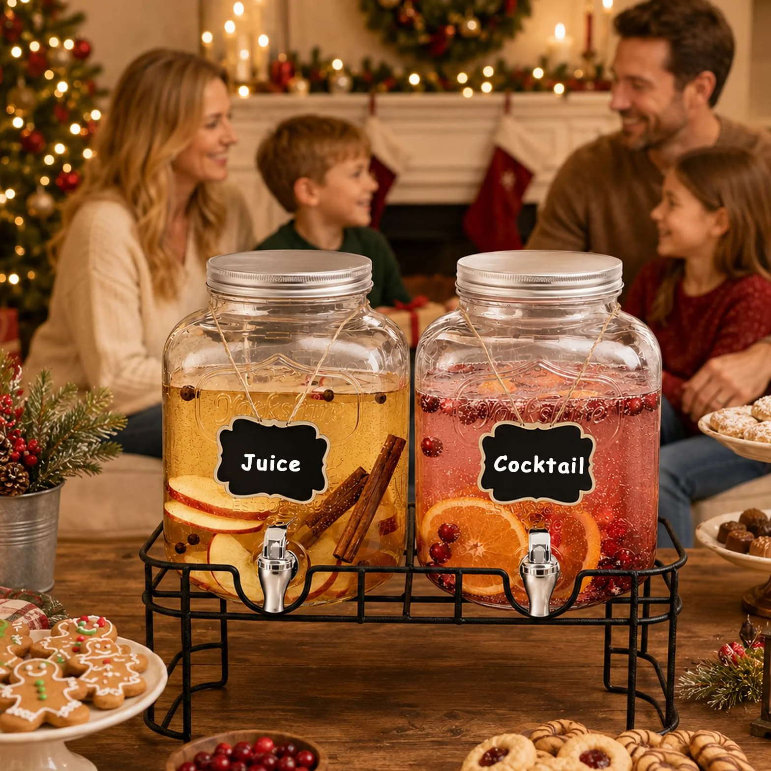 Dispensadores de bebidas de vidrio de 1 galón para fiestas, juego de 2,4 L, dispensador de bebidas con infusor de frutas, soporte y filtro, dispensador de jugo o bebidas para barbacoa, picnic, fiesta