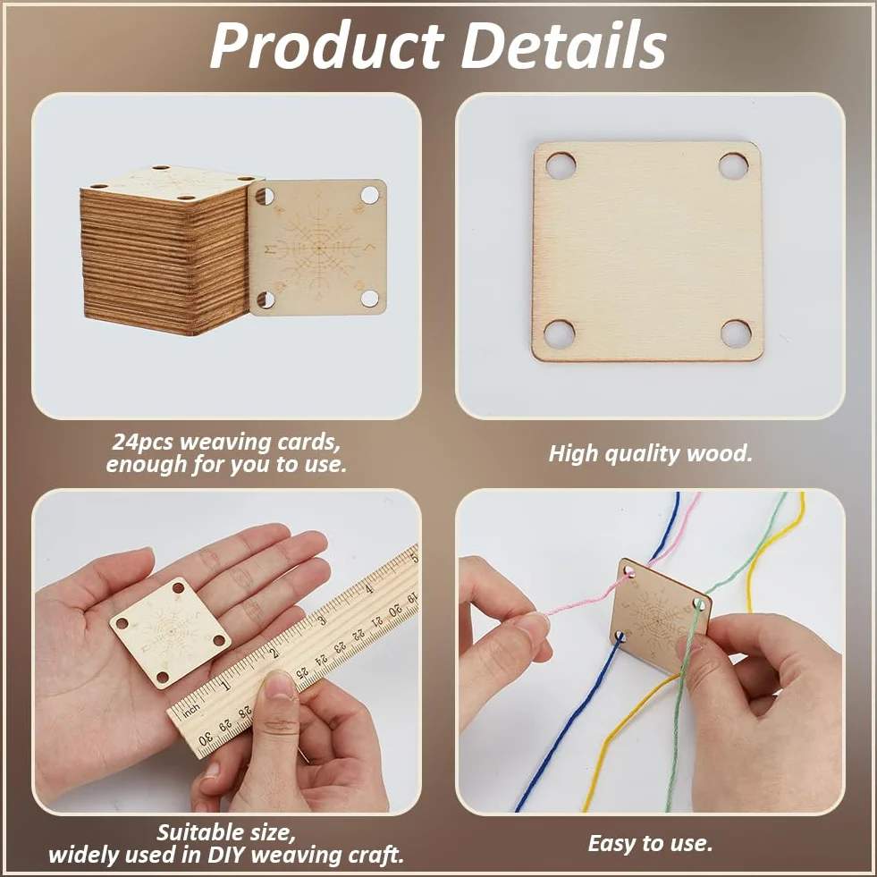 FINGERINSPIRE 24 tarjetas de tejido de madera para tableta, 4 agujeros, 39 mm, cuadradas, color almendra blanqueada, tablero de telar de madera, herramienta de tejido hecho a mano, suministro de