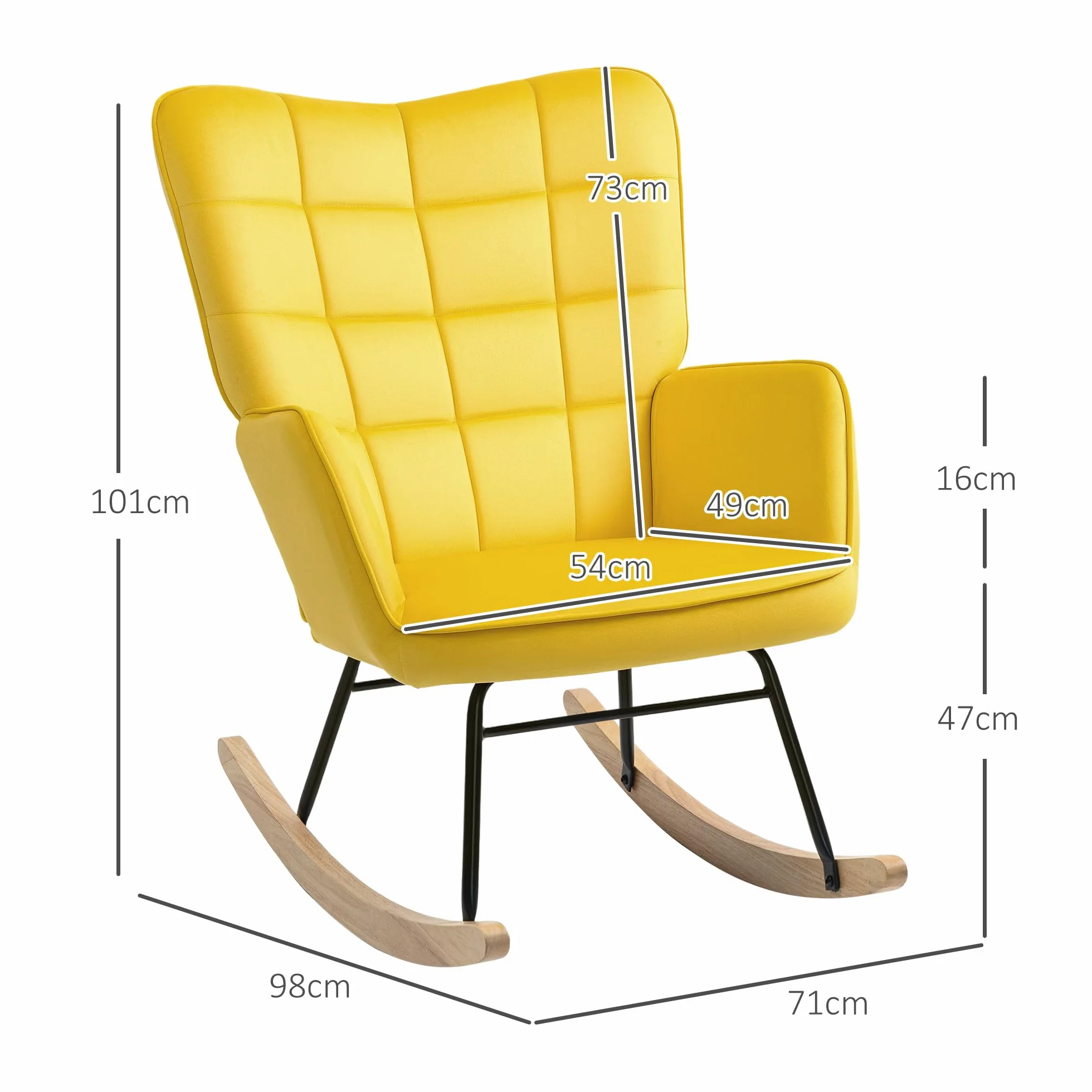 HOMCOM Sillón balancín tapizado de terciopelo estructura acero patas madera maciza amarillo