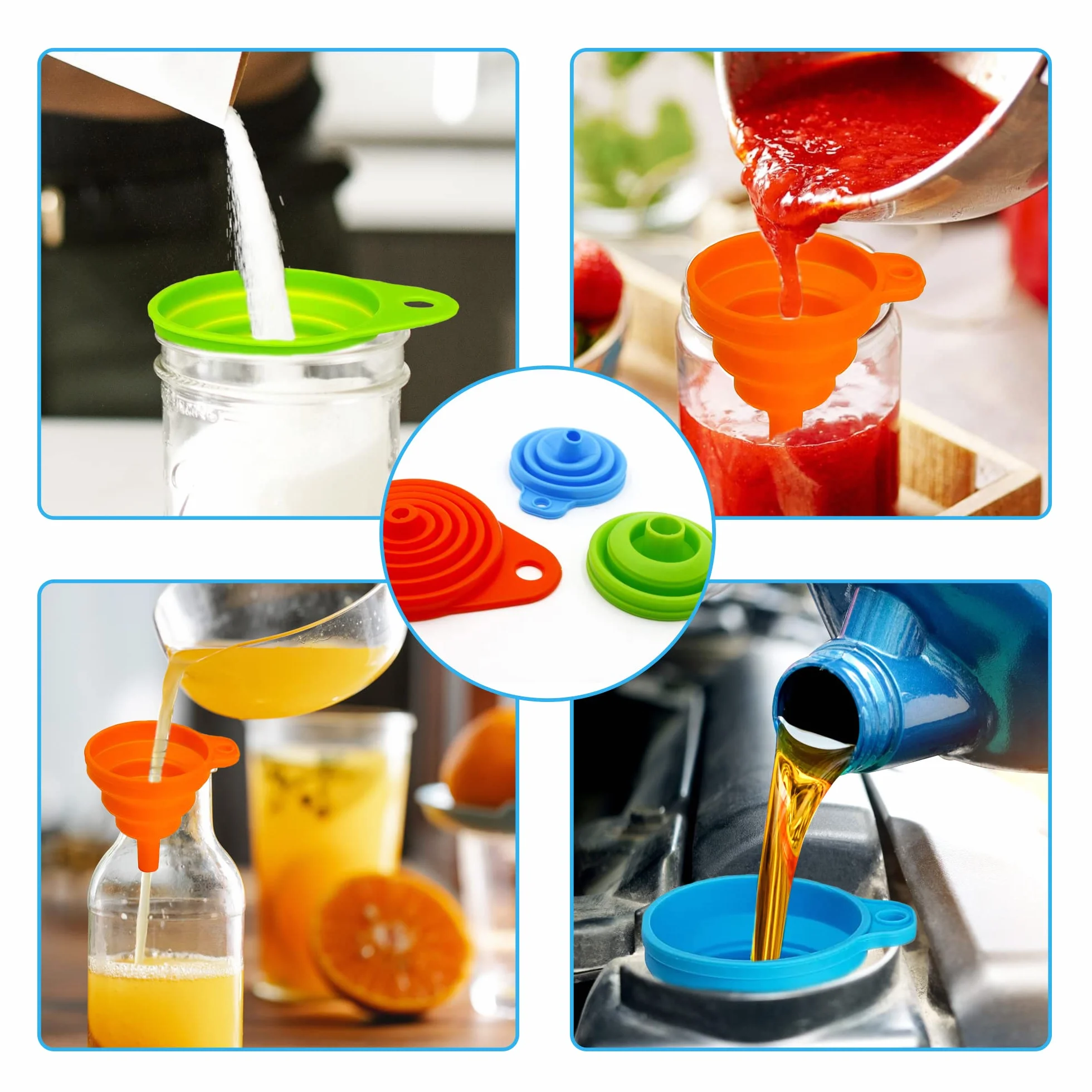 3 piezas de embudo plegable de silicona, 3 colores, pequeño embudo de cocina, juego de embudo para transferencia de líquidos de cerveza, aceite (pequeño)