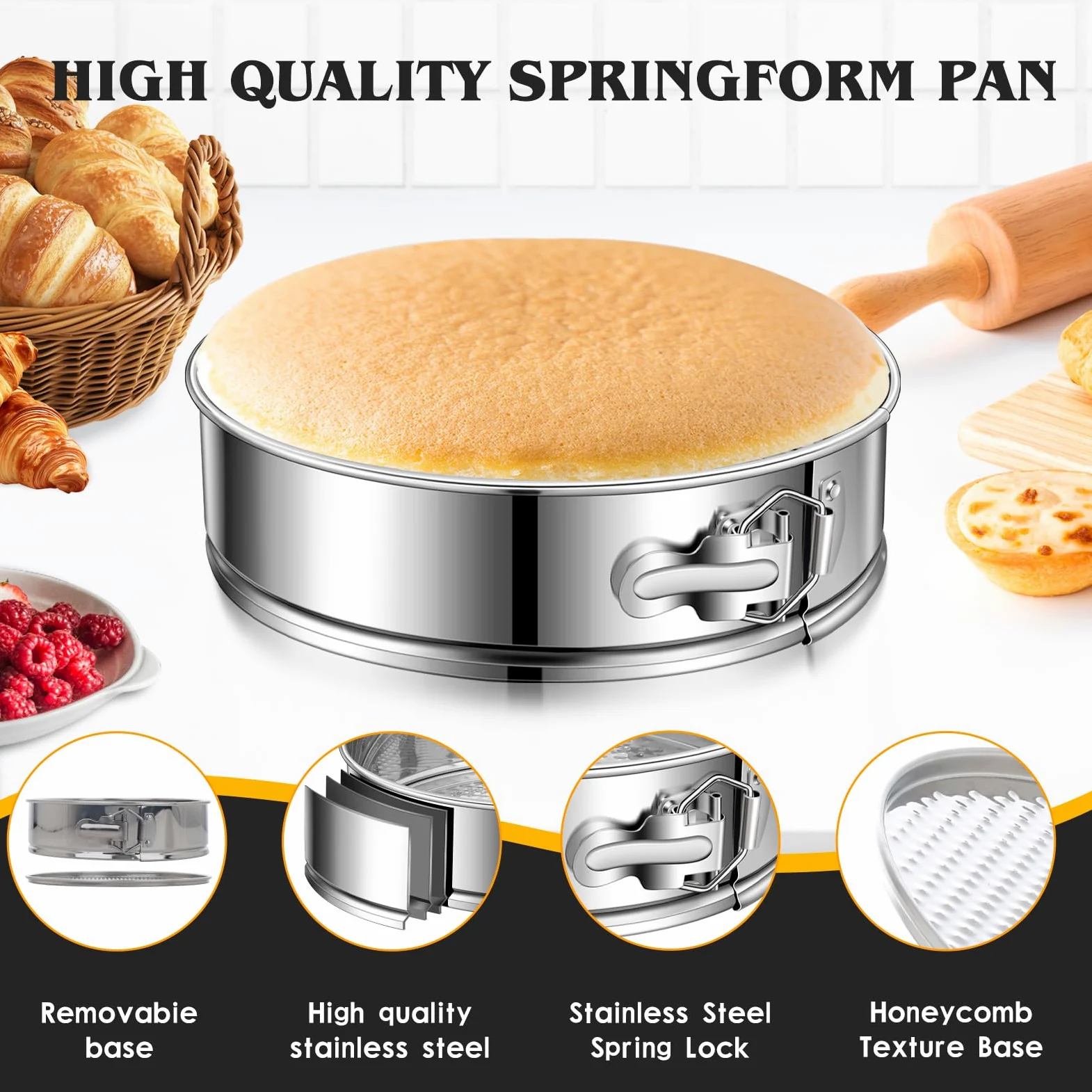 Molde desmontable para tartas de 22,8 cm, de acero inoxidable, molde redondo antiadherente con parte inferior extraíble, molde para tartas para hornear pastelería