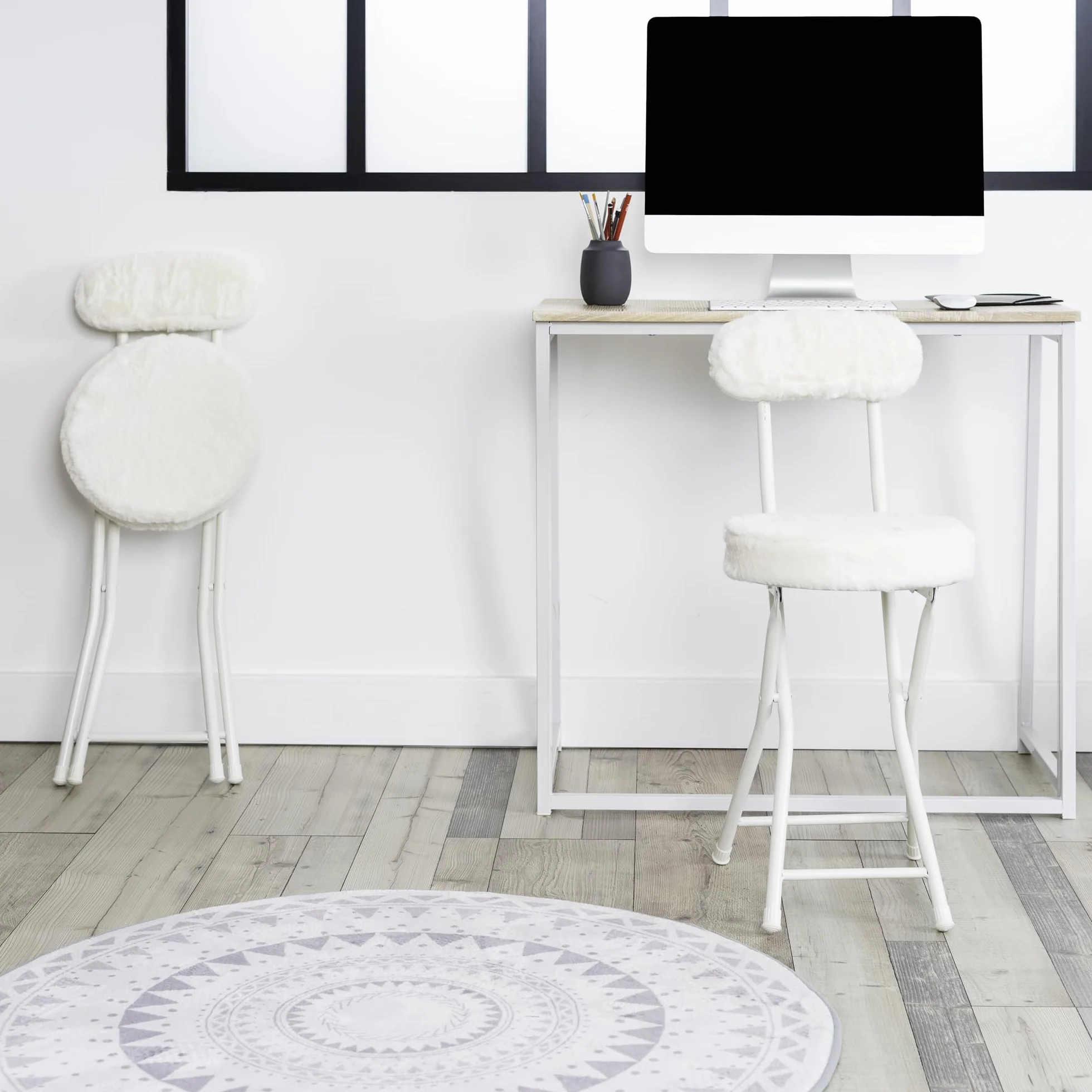 MEUBLE Cosy Juego de 4 Sillas Plegable Taburete con Respaldo y Reposapiés Tapizados de Piel, Estructura de Metal, Blanco