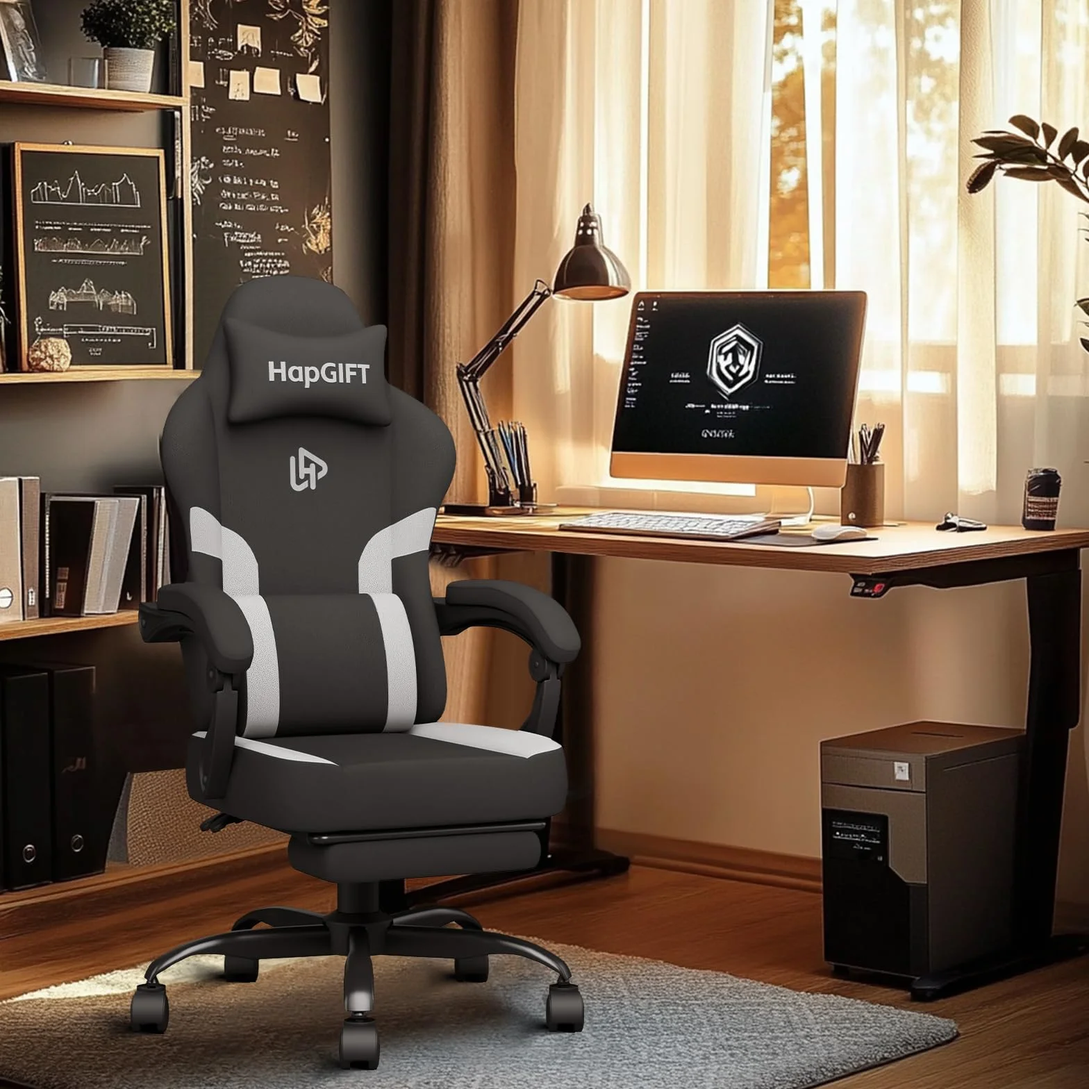 HapGIFT Silla Gaming Ergonómica Reclinable con Masajeador, Silla de Juegos con Reposacabezas y Reposapiés, Asiento Gaming Altura Ajustable, para Adultos, 150 kg, (Gris)