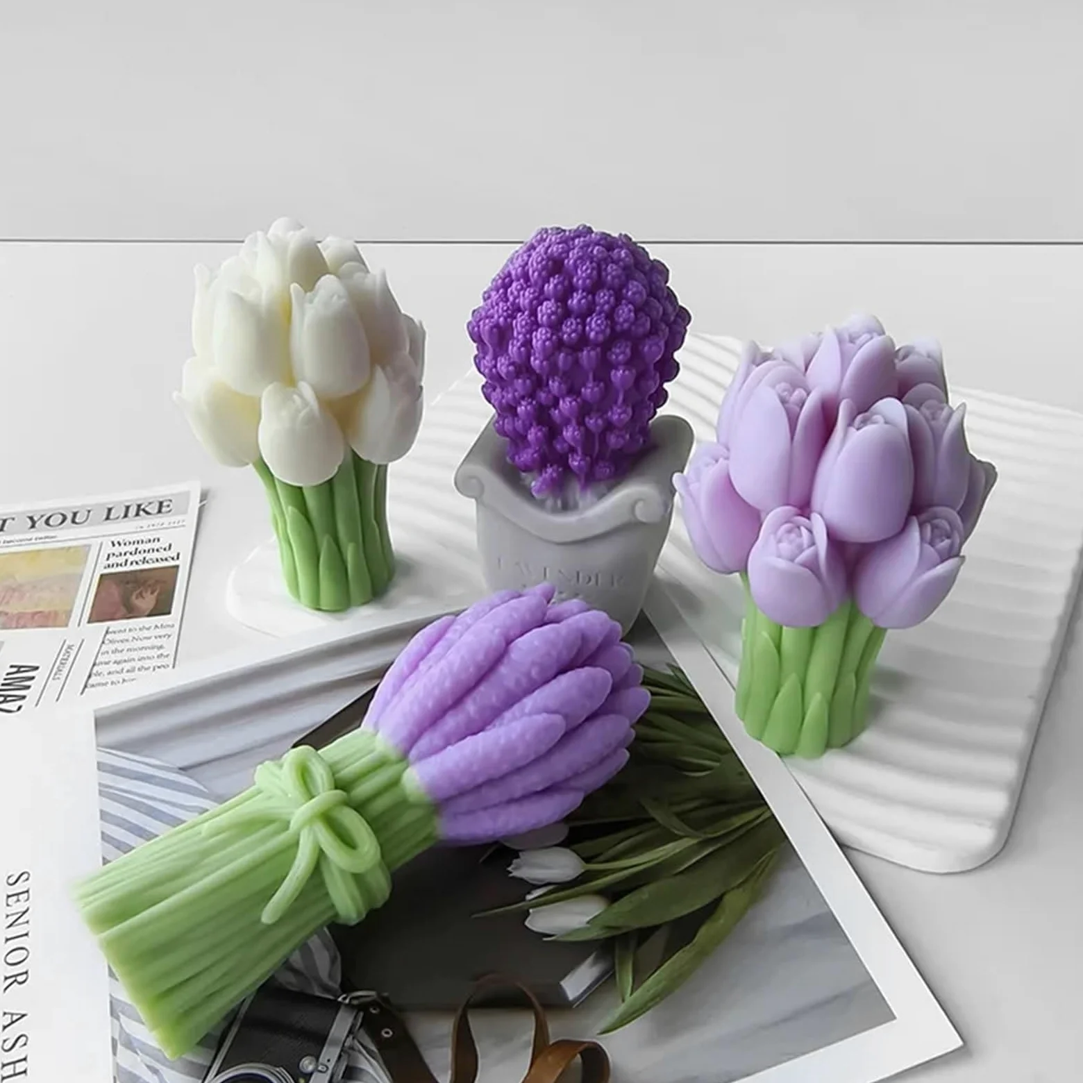 Molde Velas Perfumadas Moldes de silicona for velas con ramo de lavanda 3D, hecho a mano, flor de tulipán, jabón de resina, molde de escayola, herramienta de fabricación for manualidades, hogar, 1 Uds