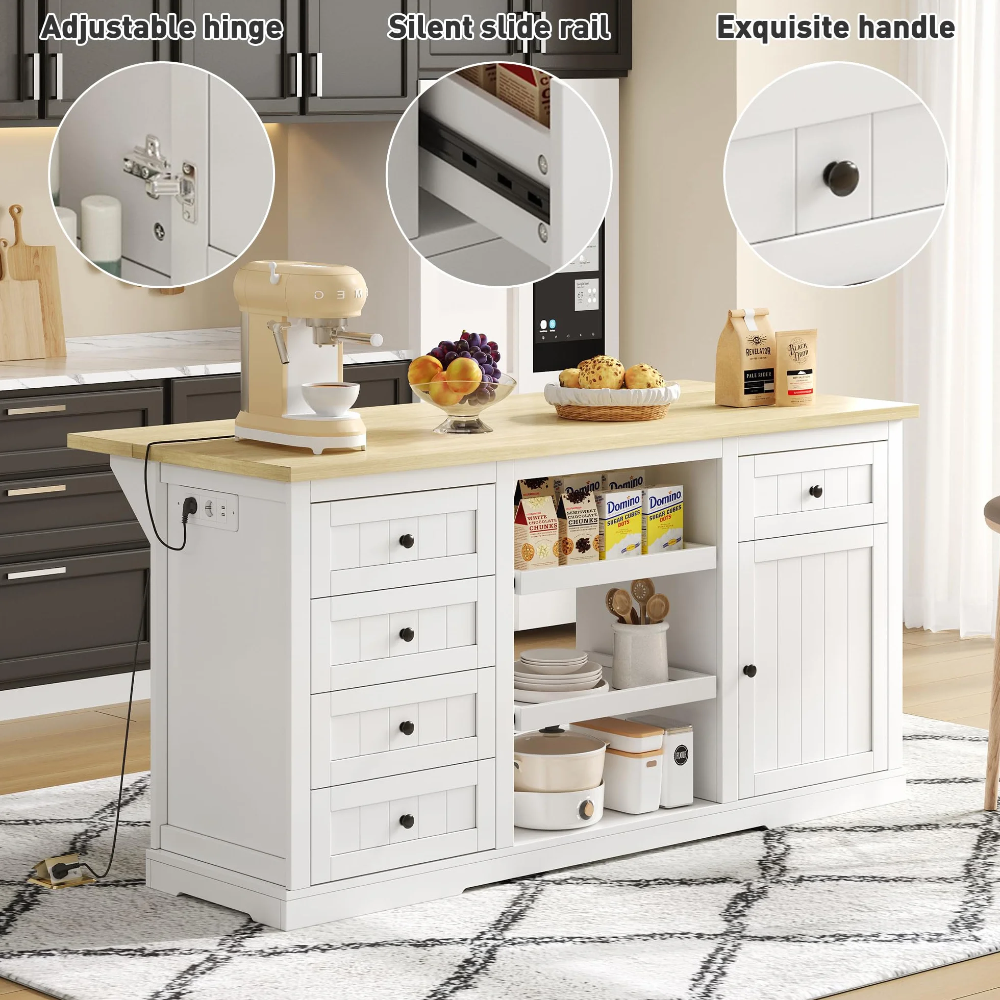Isla de cocina, 150 × 65 × 75 cm, con cinco cajones, dos estantes extraíbles, un panel de extensión abatible y tomas integradas. Mueble bar, aparador, muebles blancos.