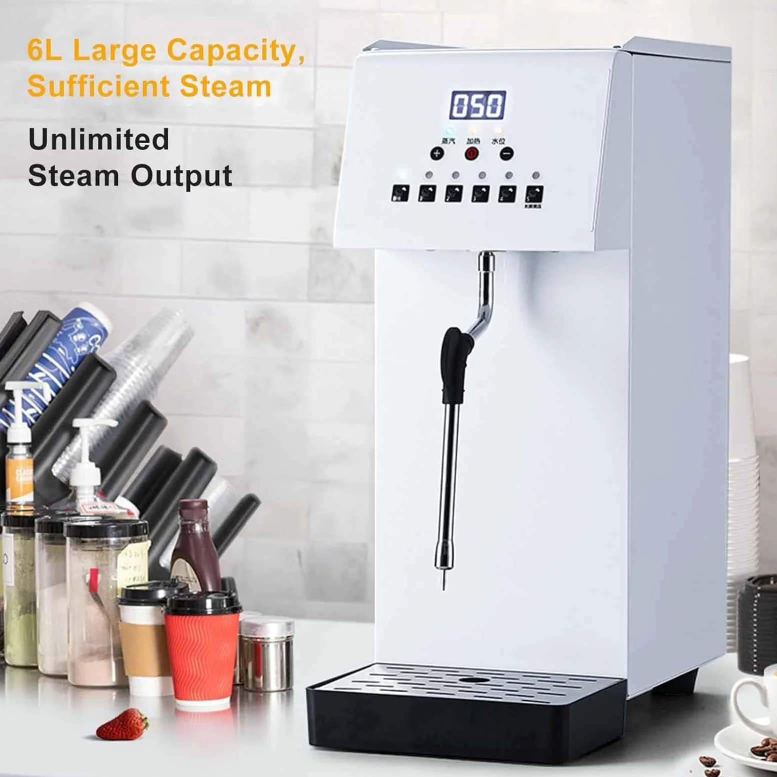 Espumador de leche eléctrico comercial de 2500 W, con vapor, tanque de 6 L, acero inoxidable 304, 5 ajustes de temperatura preestablecidos, pantalla LED para latte y capuchino, protección co