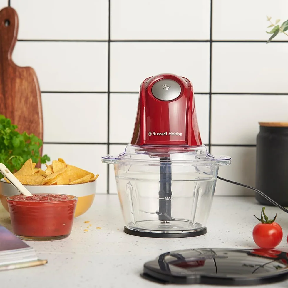 Russell Hobbs Picadora Eléctrica Mini Desire Red (Cuenco de vidrio de 500 ml, Cuchillas Inox de 2 puntas, 350 W Max, Botón One-Touch, Para frutas, verduras y carne) 27132-56