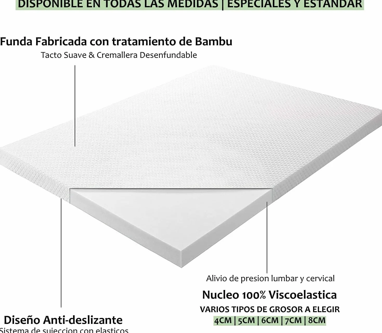 Cubrecolchon Topper 100% Viscoelastico | 105 x 190cm | Grosor 8CM | Fabricado en España | Libera Presion Cervical y Lumbar | Tratamiento Bambu | Anti-alergenico | Transpirable
