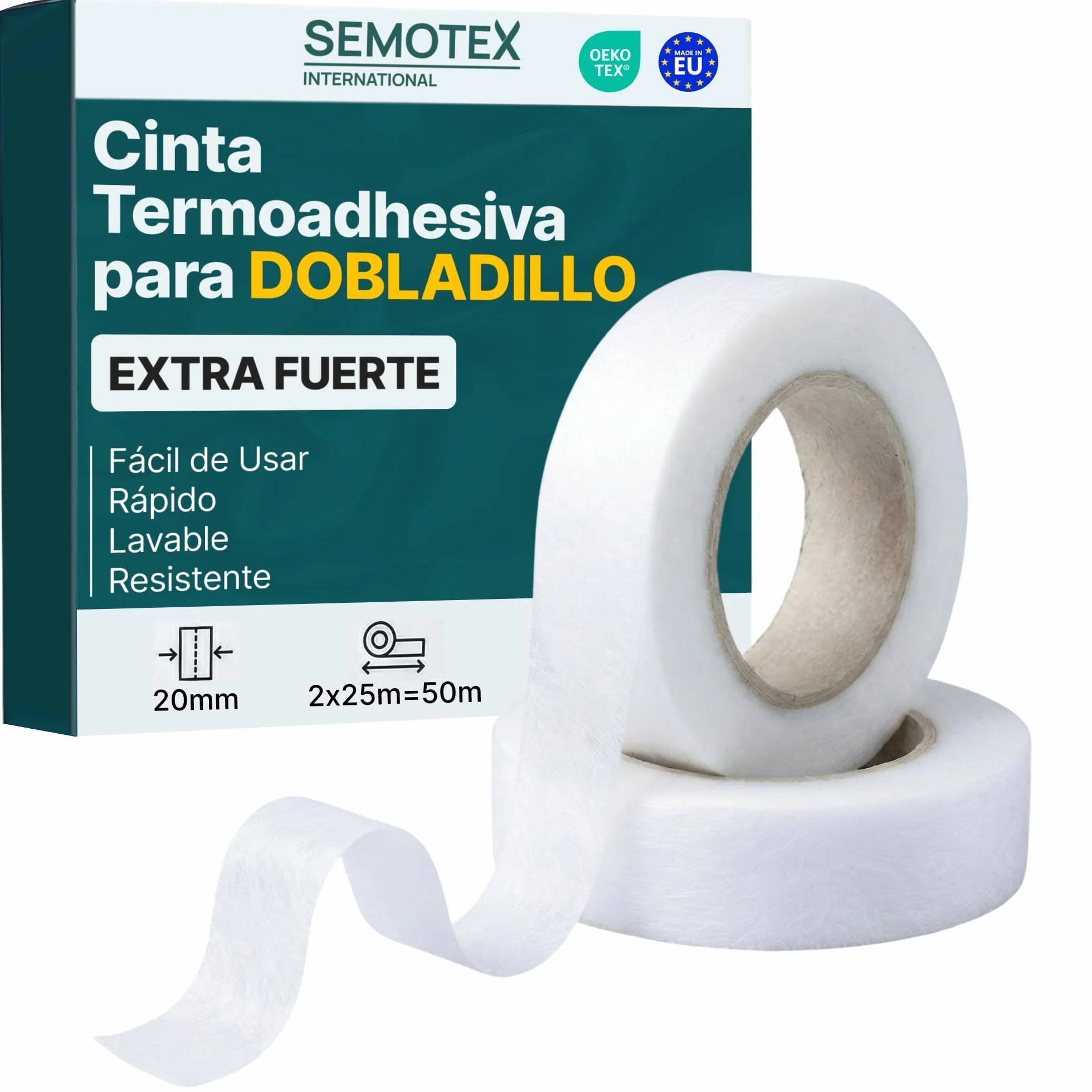 Cinta Termoadhesiva para Dobladillos EXTRA FUERTE - 50 Metros x 20 mm - Cinta Adhesiva Dobladillos. Cinta para Cortinas, Bajo Pantalón, Vestidos, Vaqueros - 20 milímetros ancho
