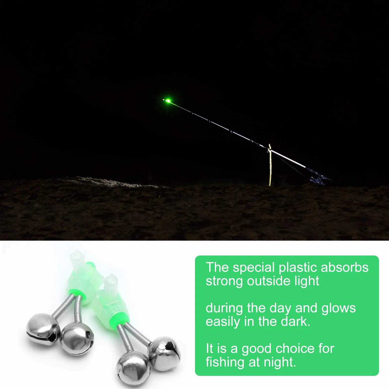 VOSSOT 20 Unidades Campanilla de Pesca en Espiral, Doble Campana Fluorescente Alta Sensibilidad, Alarma de Mordida para Pesca Nocturna de Siluros y Anguilas