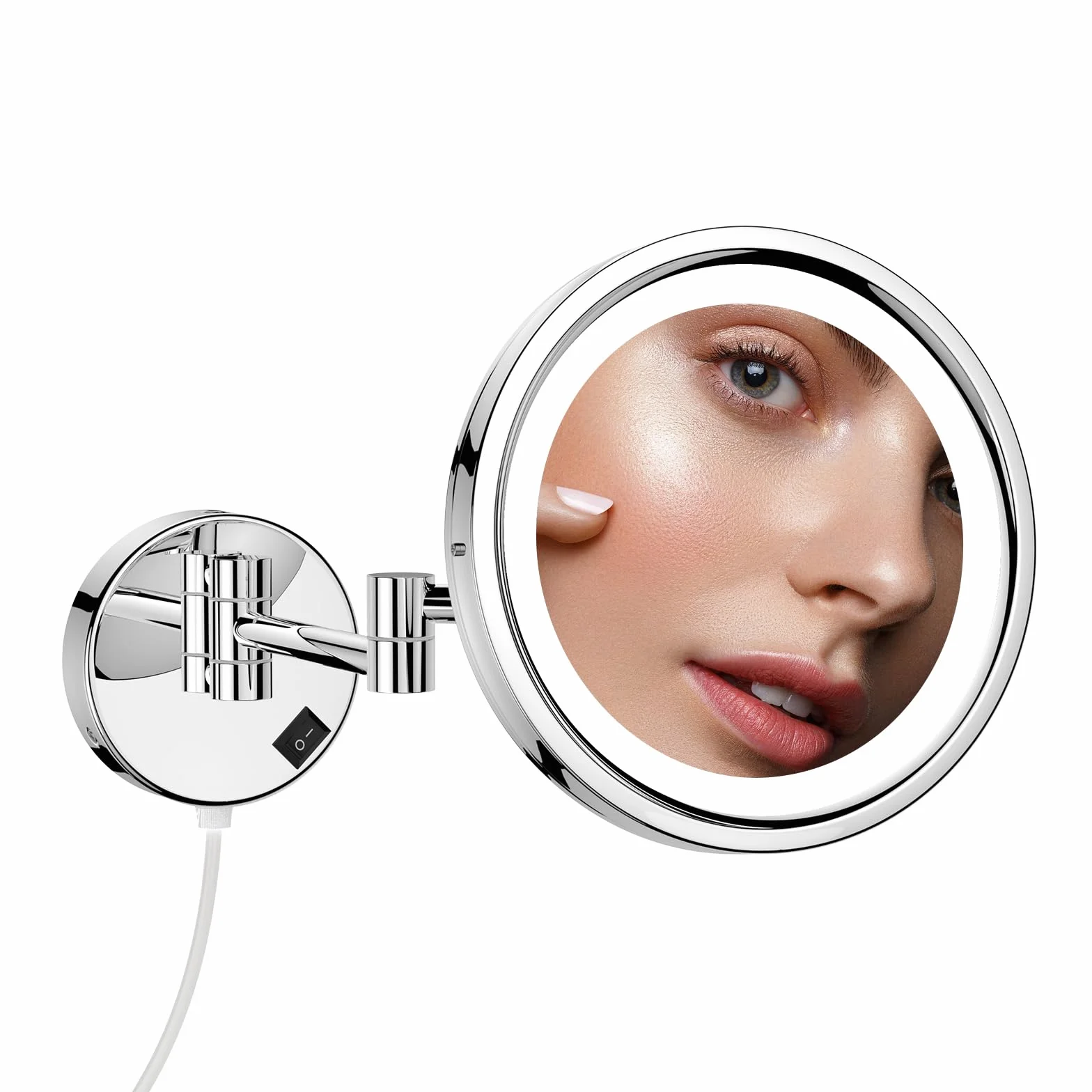 DOWRY Espejo Maquillaje Pared con Luz LED Espejo Aumento x10 Baño Pared - 3 Luces de Colores - 360° Giratorio Espejo de Tocador Extensible - Espejos para Afeitado Plata,Ø25 cm