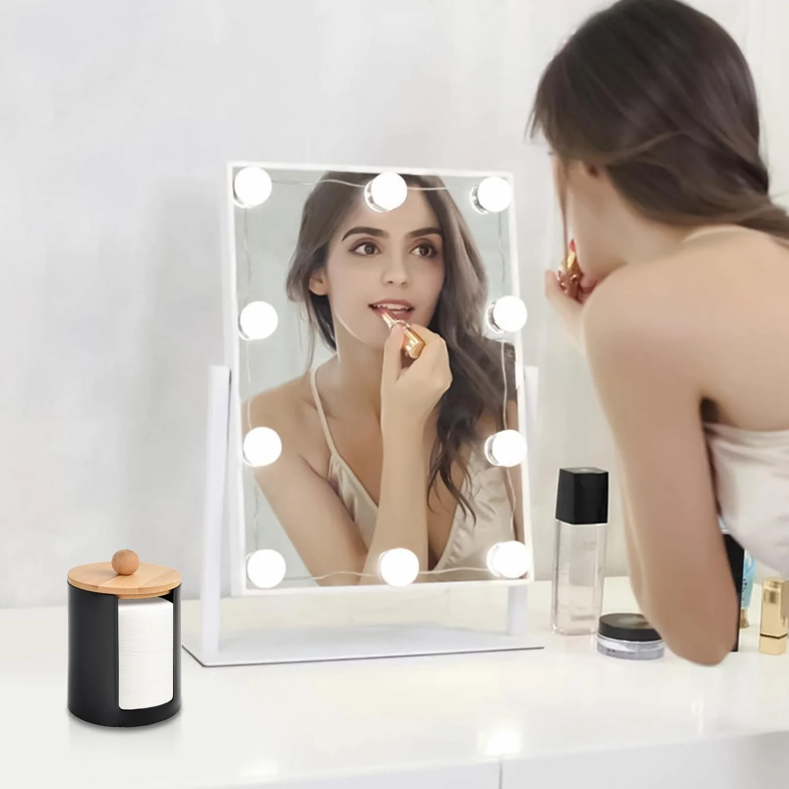 2 Piezas Organizador de Baño con Tapa, Dispensador de Bastoncillos, Organizador de Maquillaje Dispensadores de Discos Desmaquillantes per Bagno, Toletta, Soggiorno (Negro)