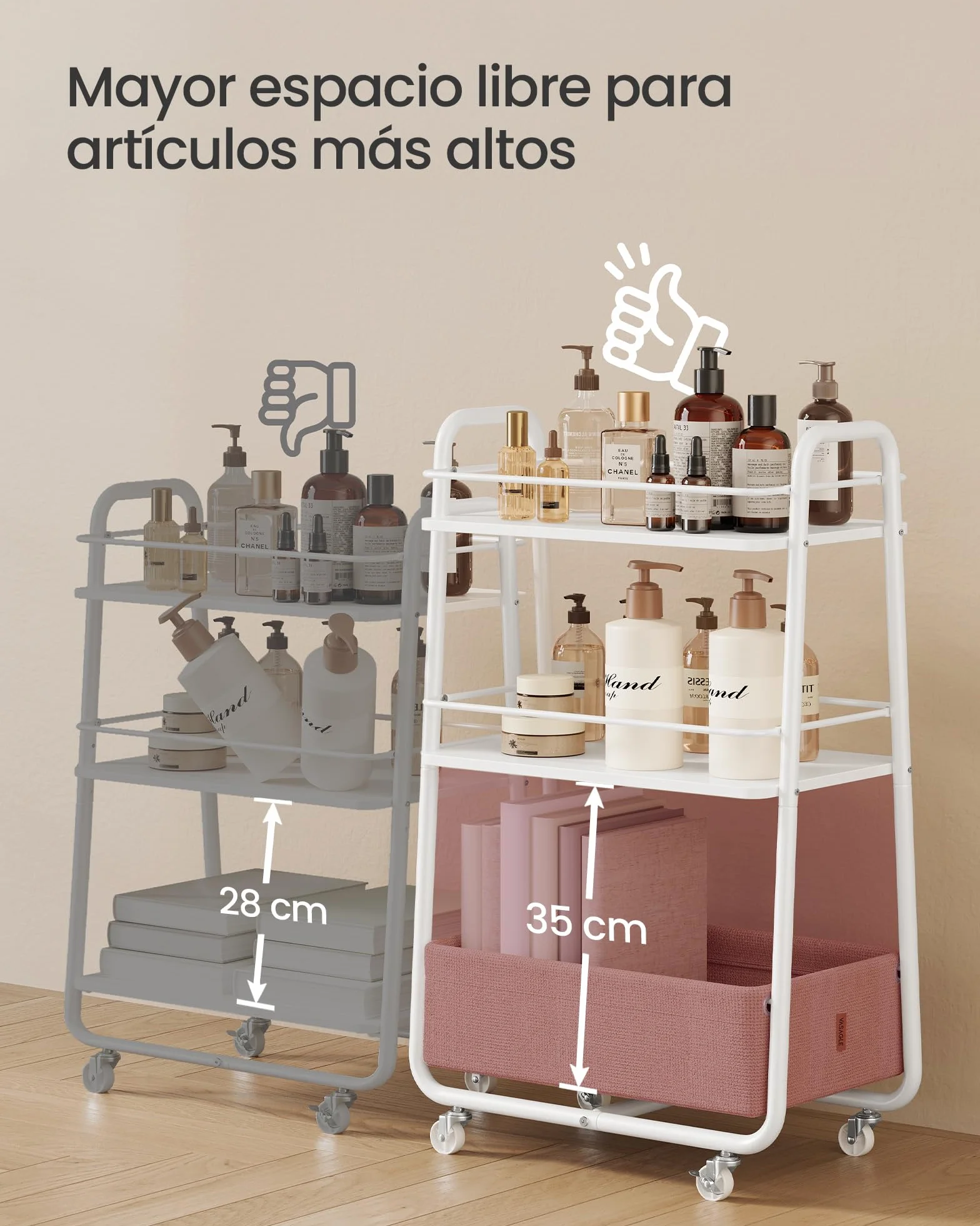 VASAGLE LILEA Colección - Carro de Almacenamiento con Cesta de Tela, Carrito de 3 Niveles con Ruedas, Organizador para Salón, Dormitorio y Cocina, Blanco Nube y Marrón Camello LRC001WB01
