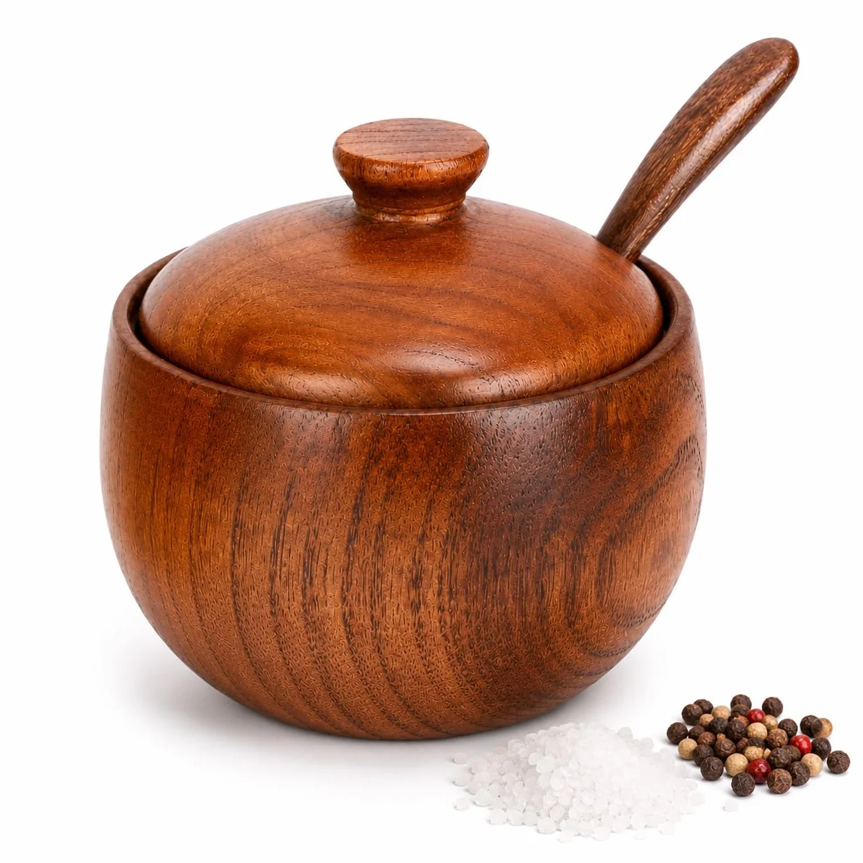 Caja de Sal de Madera con Cuchara y Tapa, Salero y Azucarero Cocina, Cajas Especias para Hogar, Almacenamiento de Cocina, Restaurante