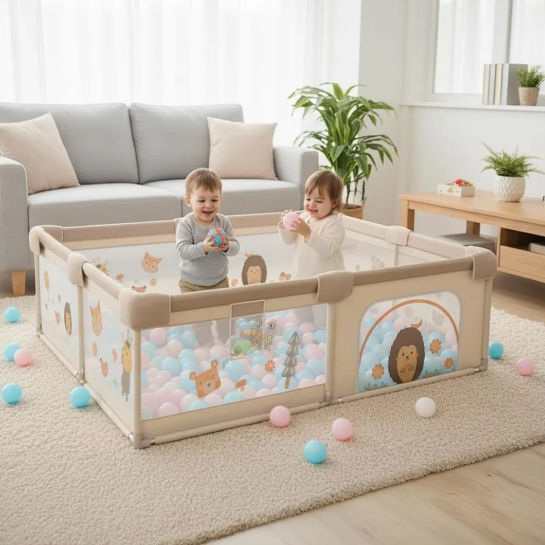 Parque Infantil Bebe del Bosque 120x120 - Corralito Bebe con Malla de Animales Transpirable Alfombra Acolchada +60 BOLAS - Corral Plegable Baby ANTIDESLIZANTE